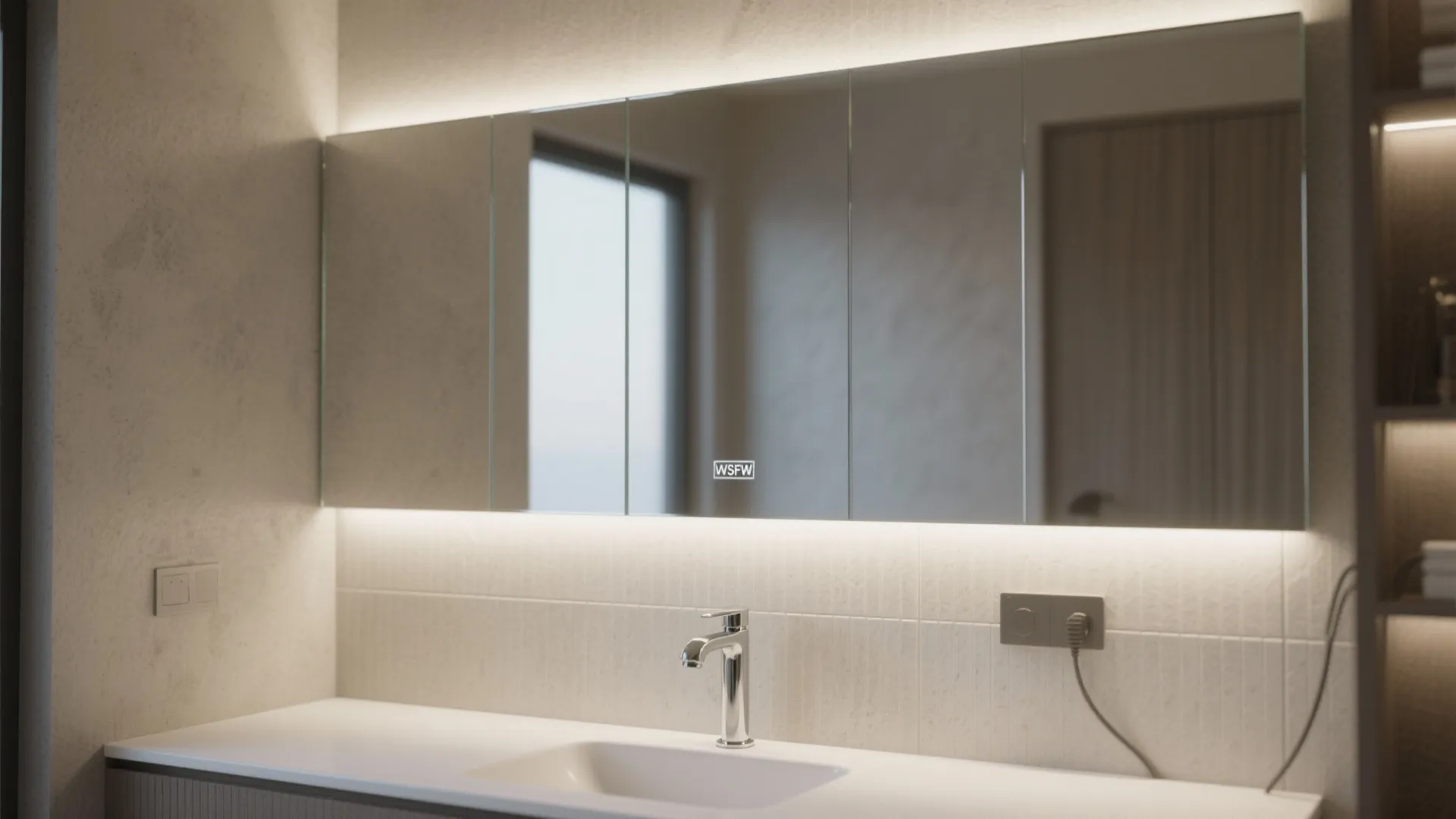 Backlit mirror and glass backsplash for easy cleanup