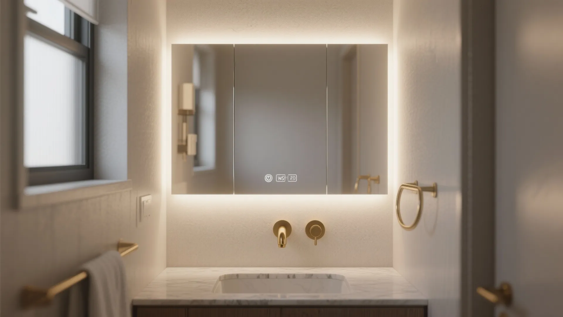 Modern bathroom vanity with large backlit mirror glowing on wall above marble sink and faucet