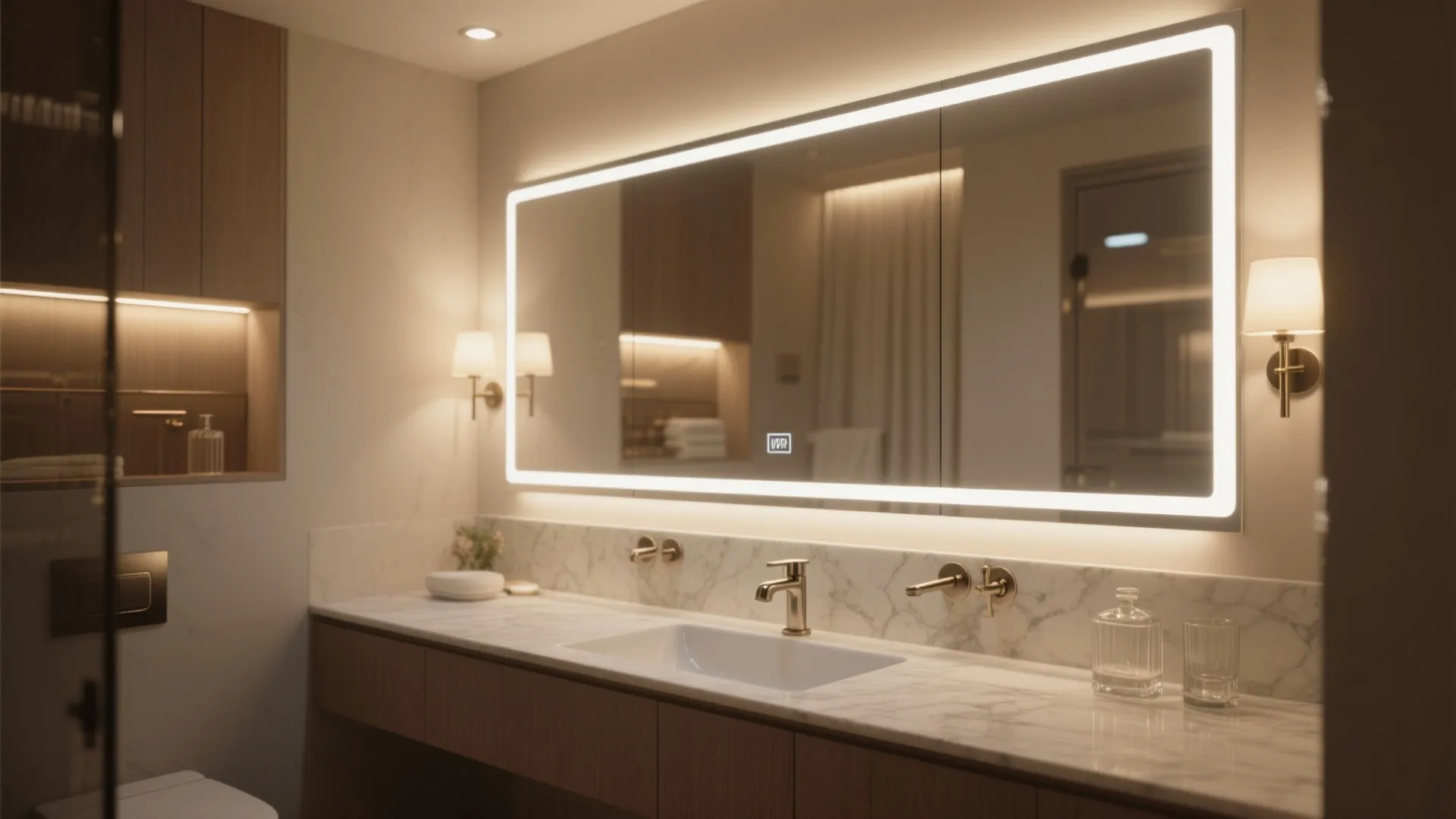 Modern bathroom with backlit mirror above marble counter top plus double sinks and wall light fixtures