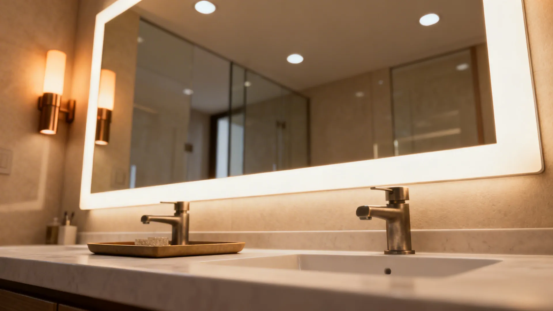 Backlit mirror with layered lighting creating depth and eliminating shadows in a compact bathroom.