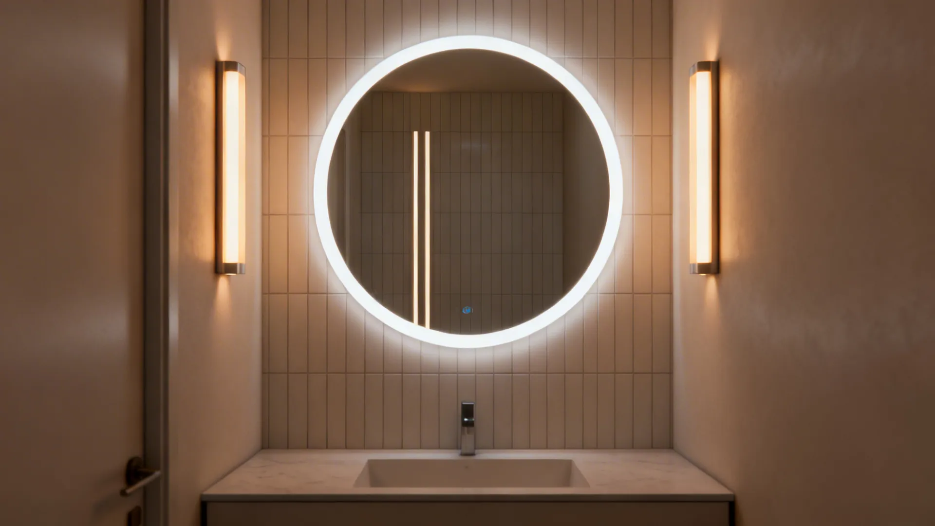 Rounded backlit mirror with vertical sconces providing layered lighting in a small powder room