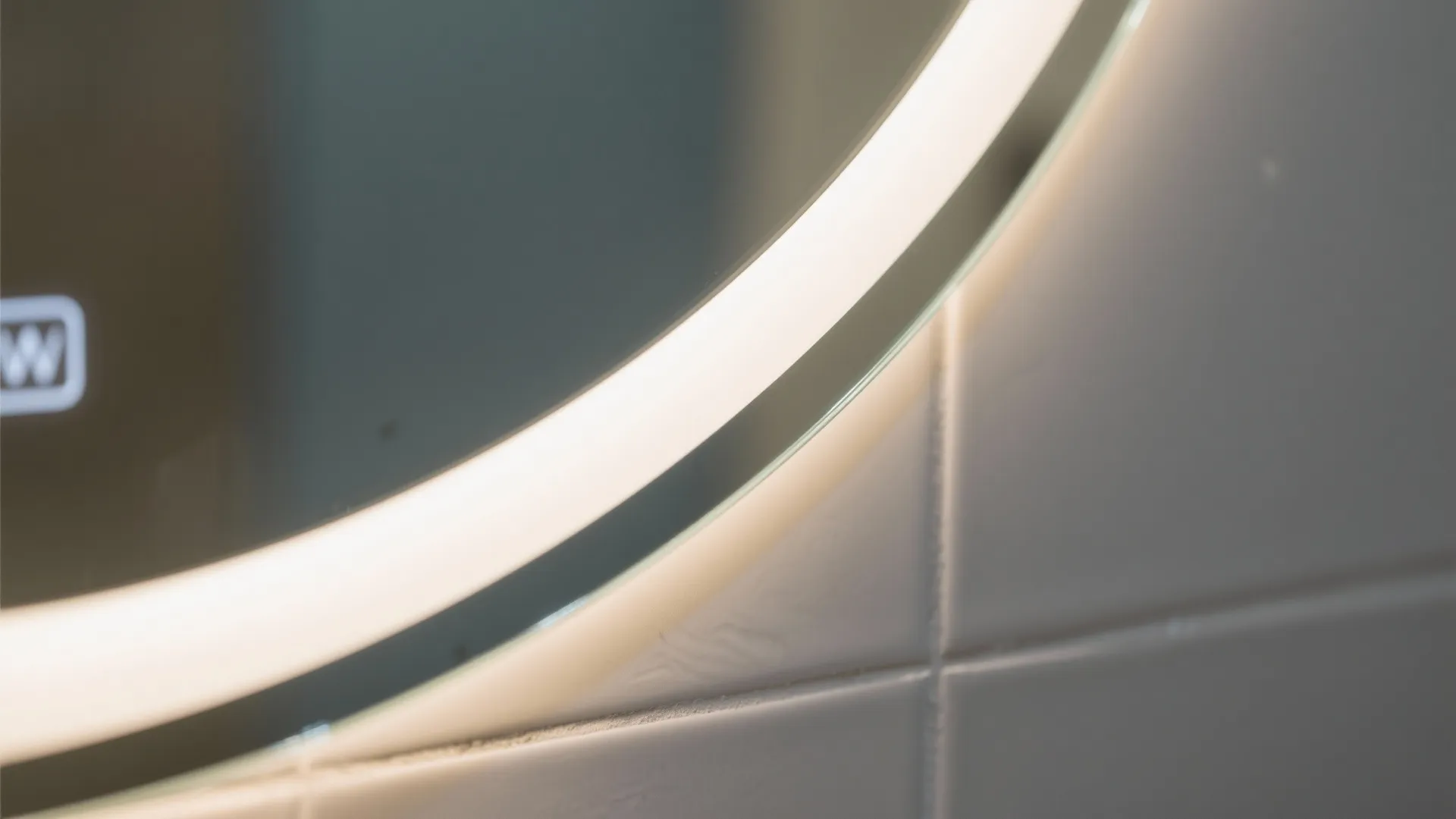 Close up of a round bathroom mirror with glowing light edge on white tiled wall