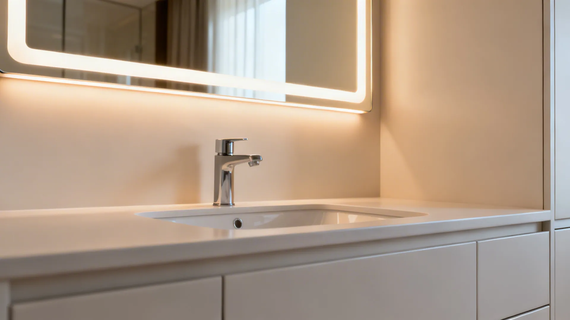 Macro of LED backlit mirror over a semi-recessed basin with precise spout projection.