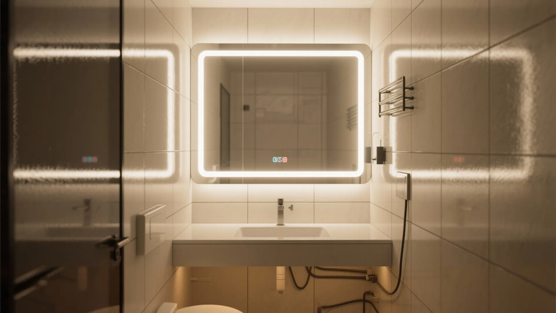 Compact bathroom with a sleek backlit LED mirror panel reflecting and spreading light.