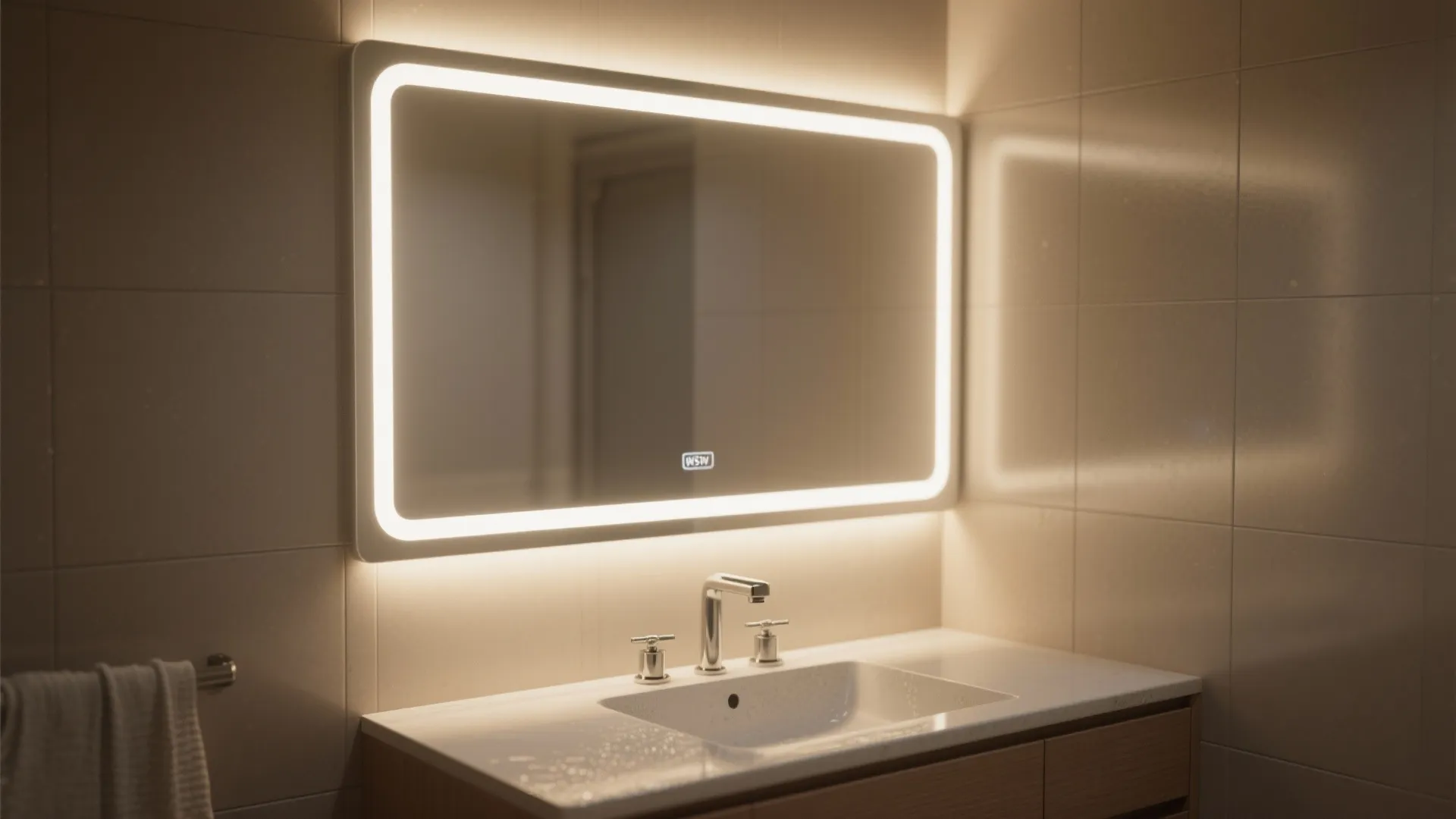 Bathroom mirror with slim backlit flush LED panel creating halo illumination