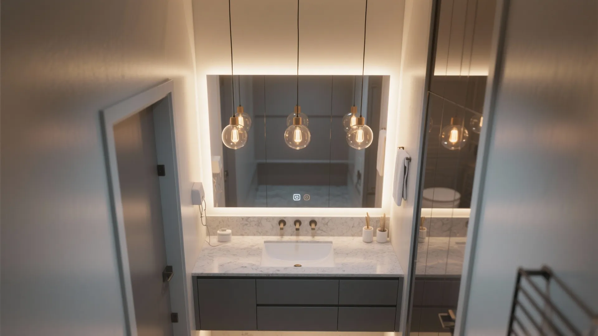 3. Minimalist Backlit Mirror Plus Pendant Trio