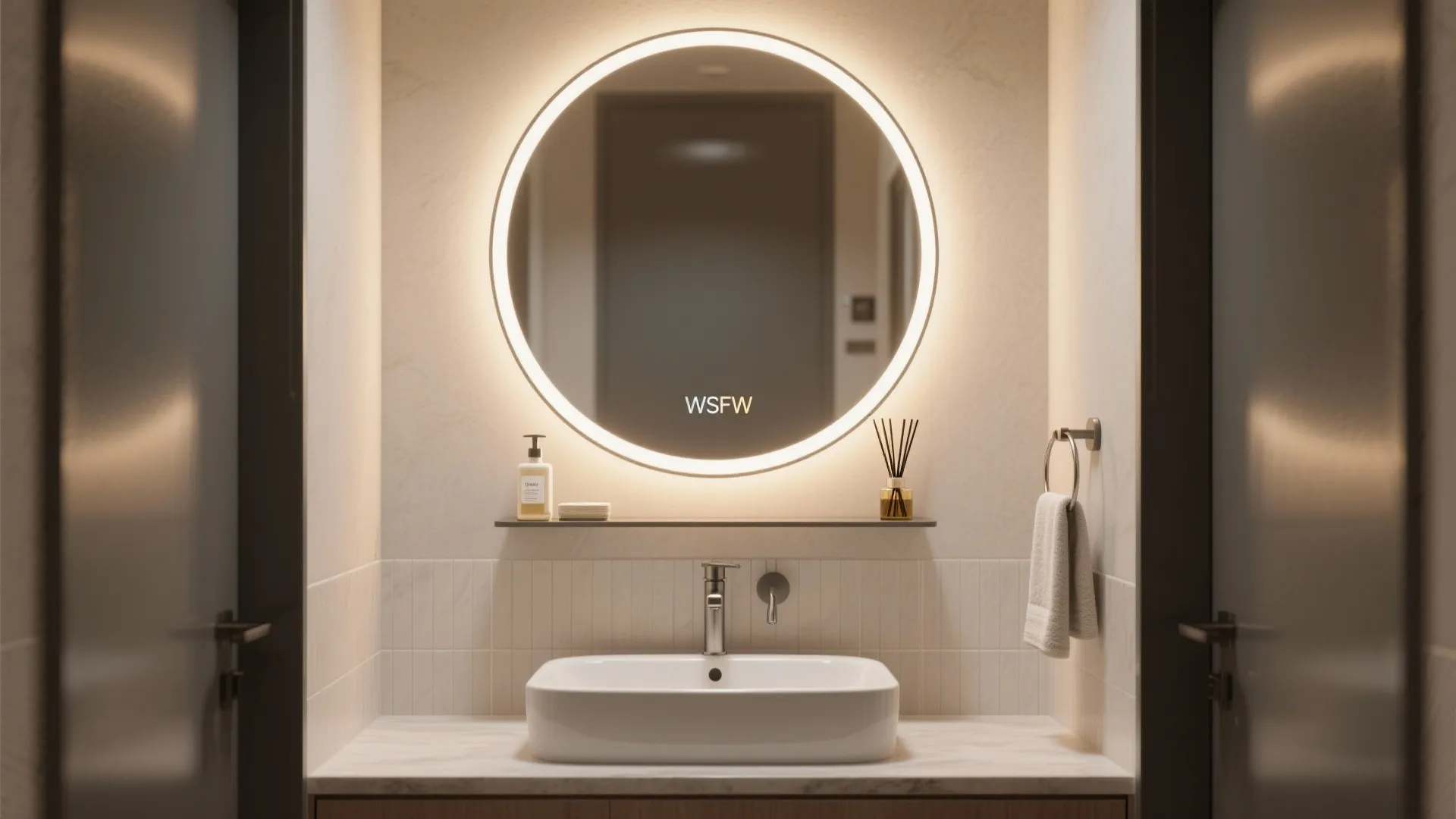 Round glowing wall mirror above white wash basin with shelf and towel in modern bathroom
