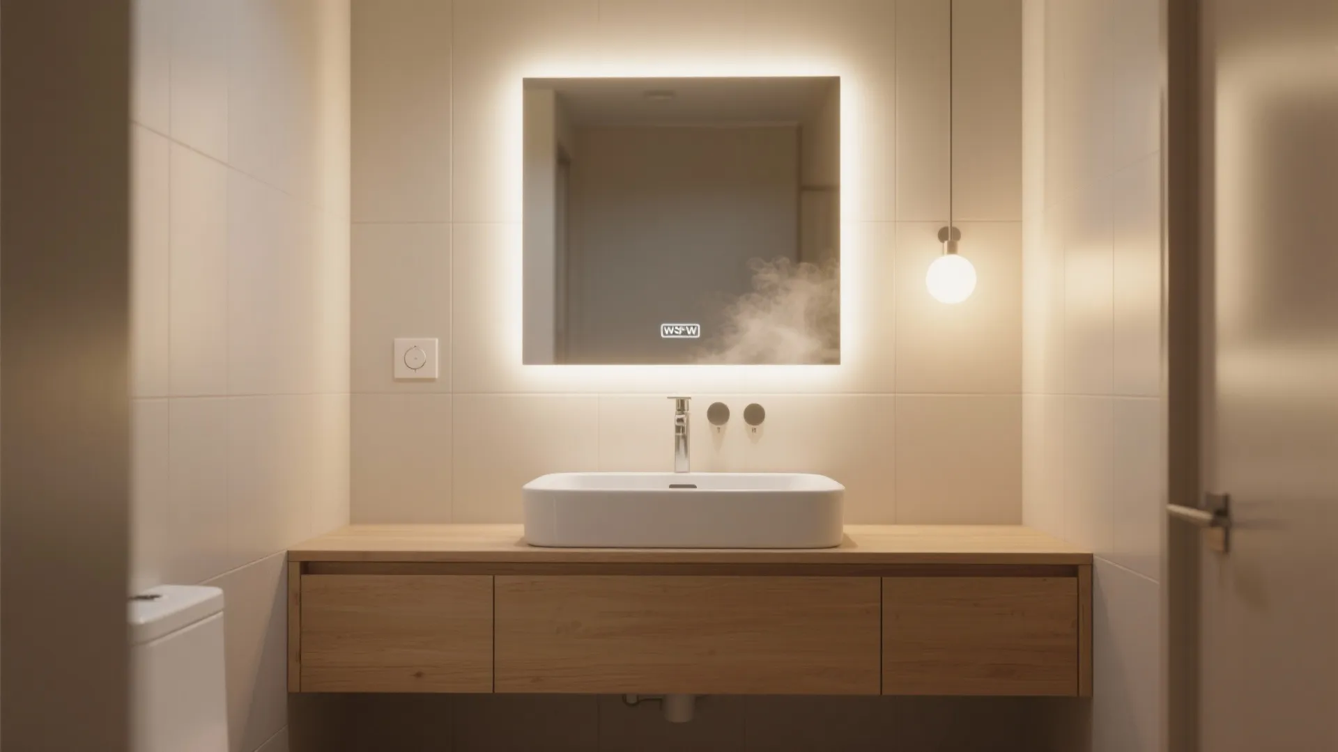 Minimalist bathroom with a wooden cabinet white sink and a square backlit wall mounted mirror