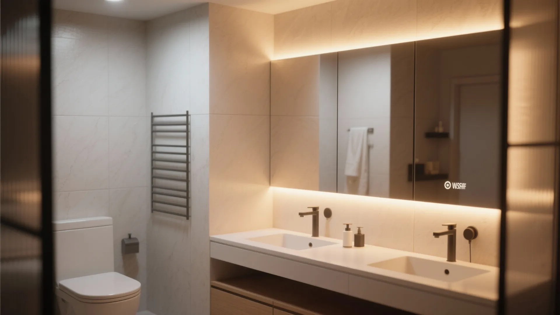 Modern bathroom with double sink vanity large lit wall mirror toilet and warm white lighting
