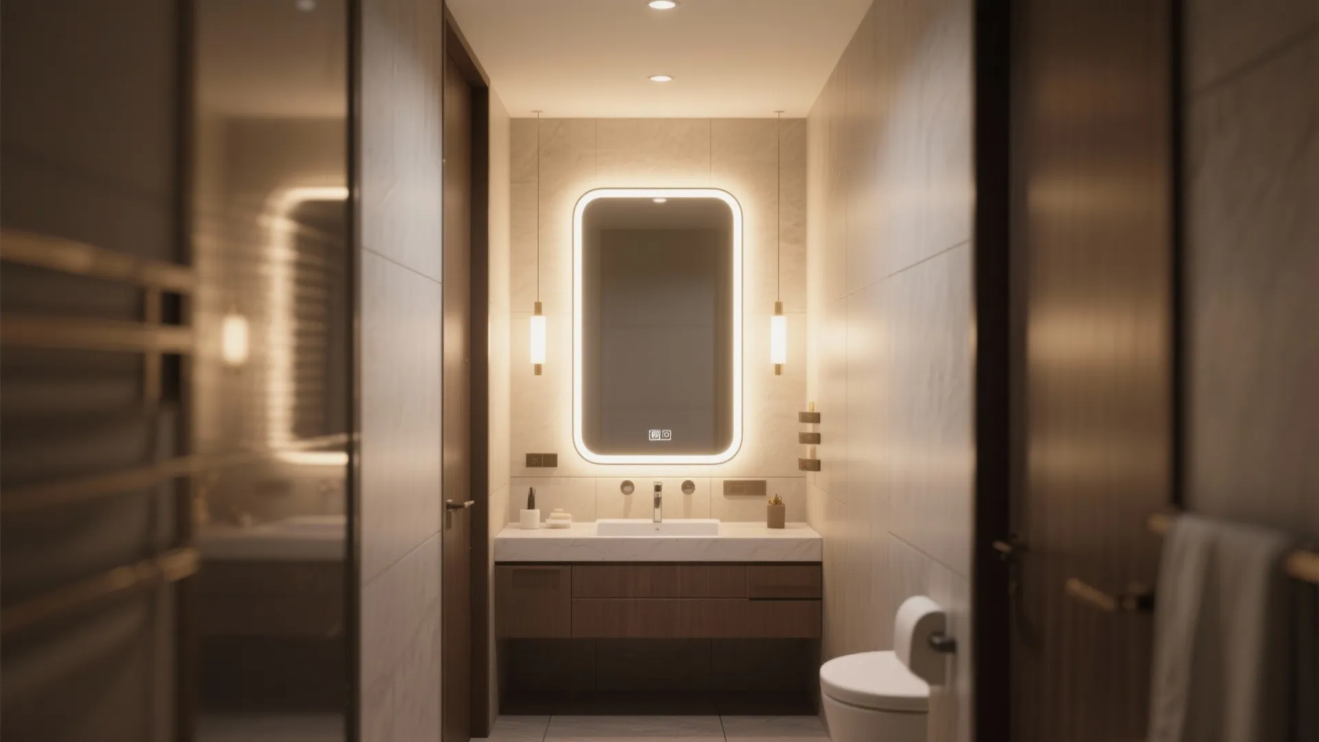 Narrow bathroom with a halo backlit mirror and wall washers lifting the mirror off the wall