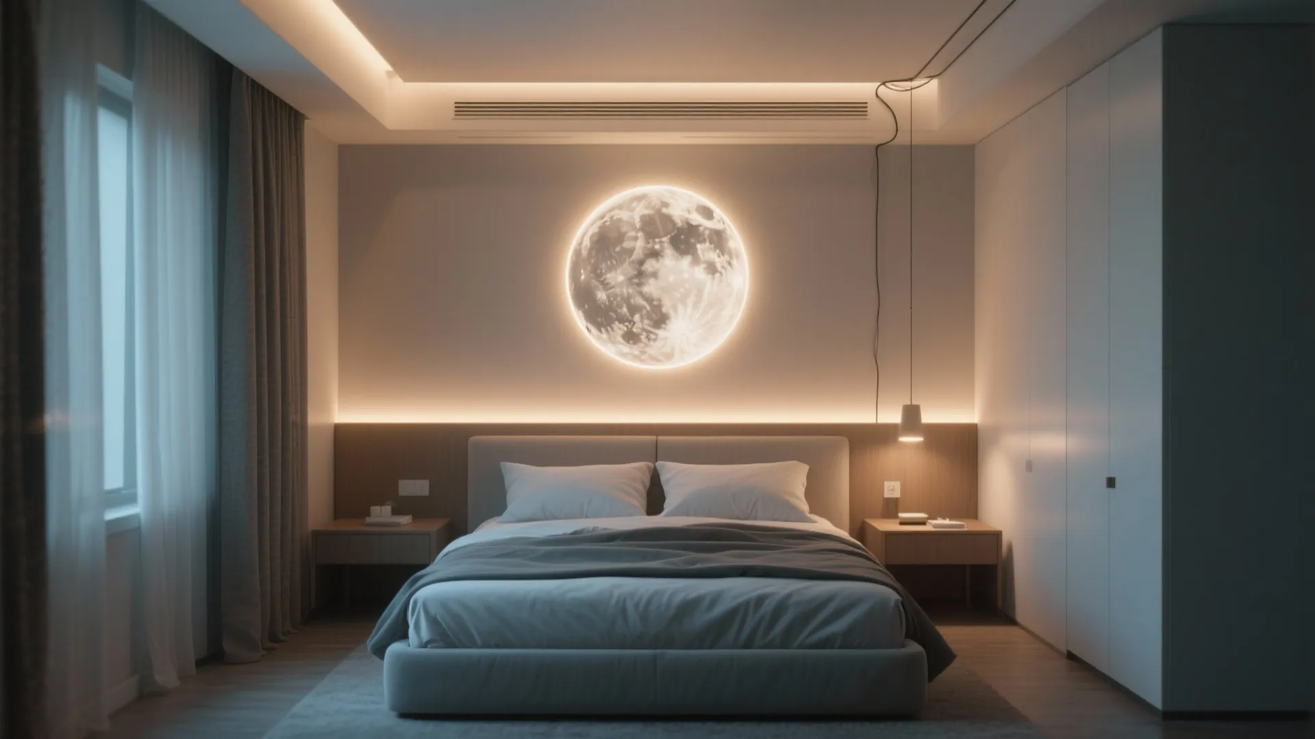 2. Backlit Moon Halo Behind a Bed