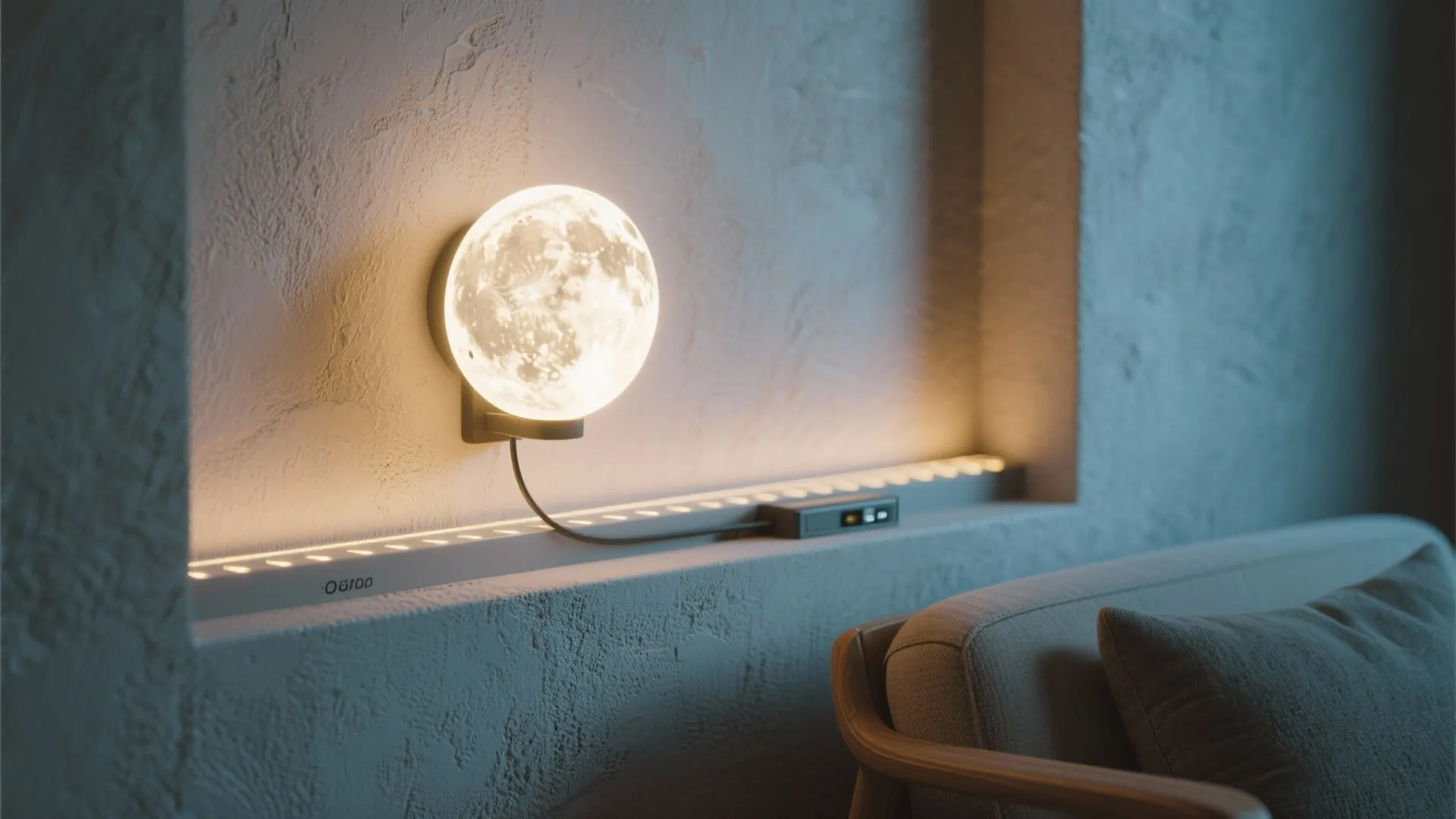 Close-up of a backlit moon sconce creating a soft halo with concealed wiring behind a faux shelf.