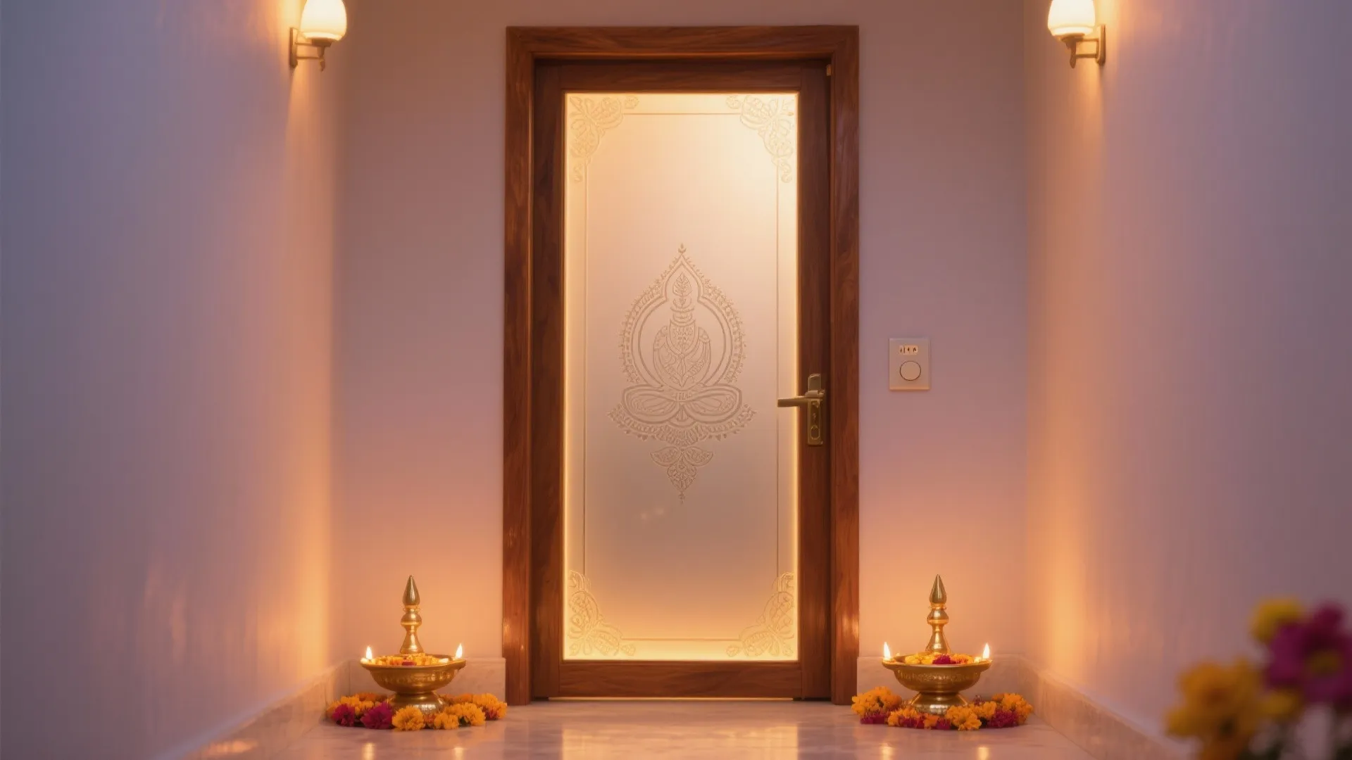 Backlit translucent glass with sacred motifs