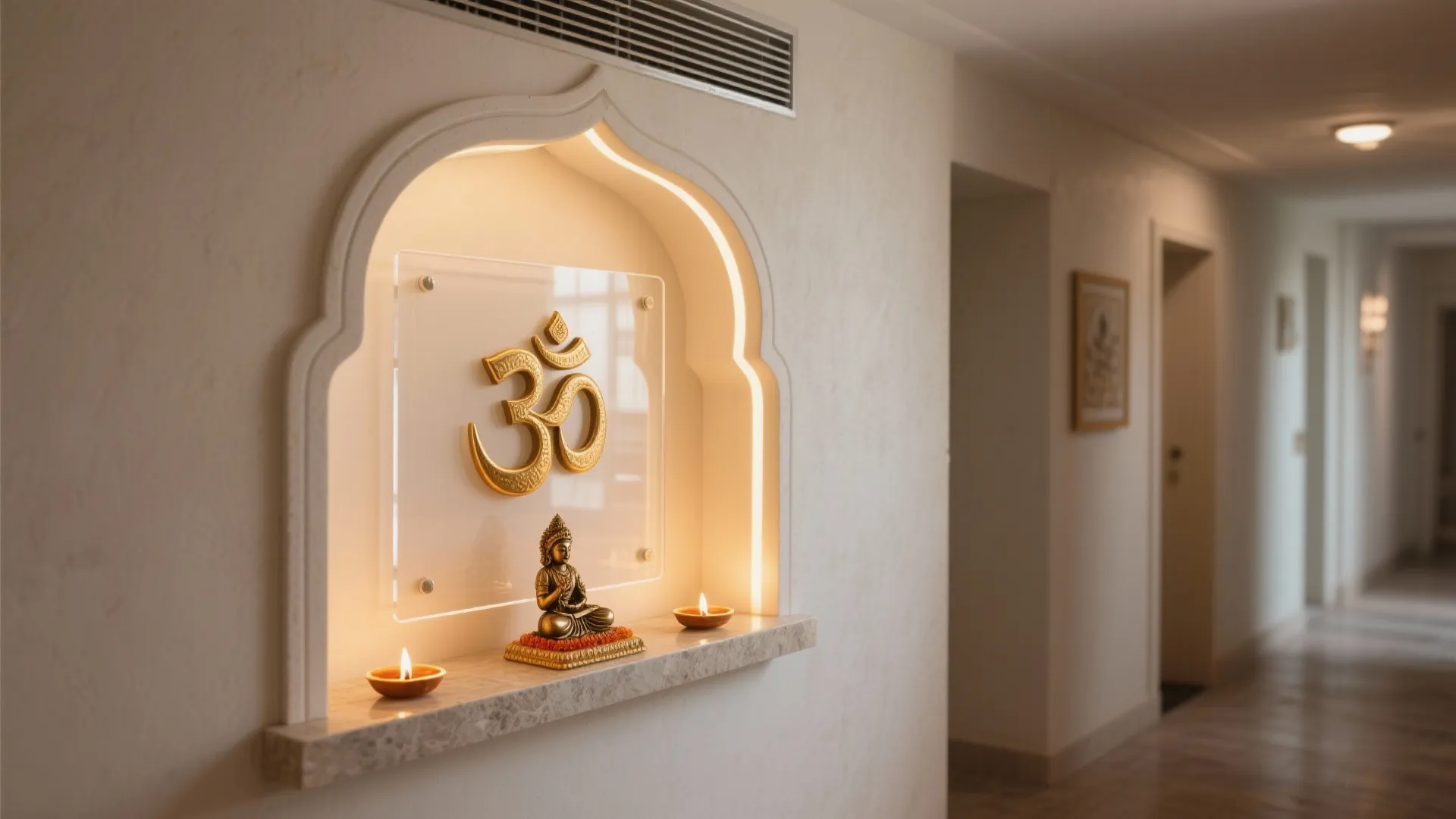 Wall niche with golden symbol and small statue and two candles in a bright hallway