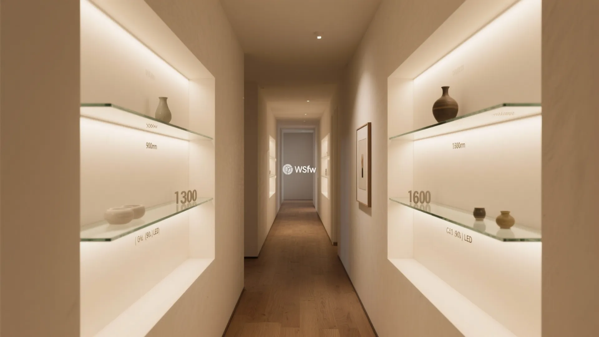 Minimalist hallway with warm wall light niches featuring glass shelves and small decorative ceramic vases