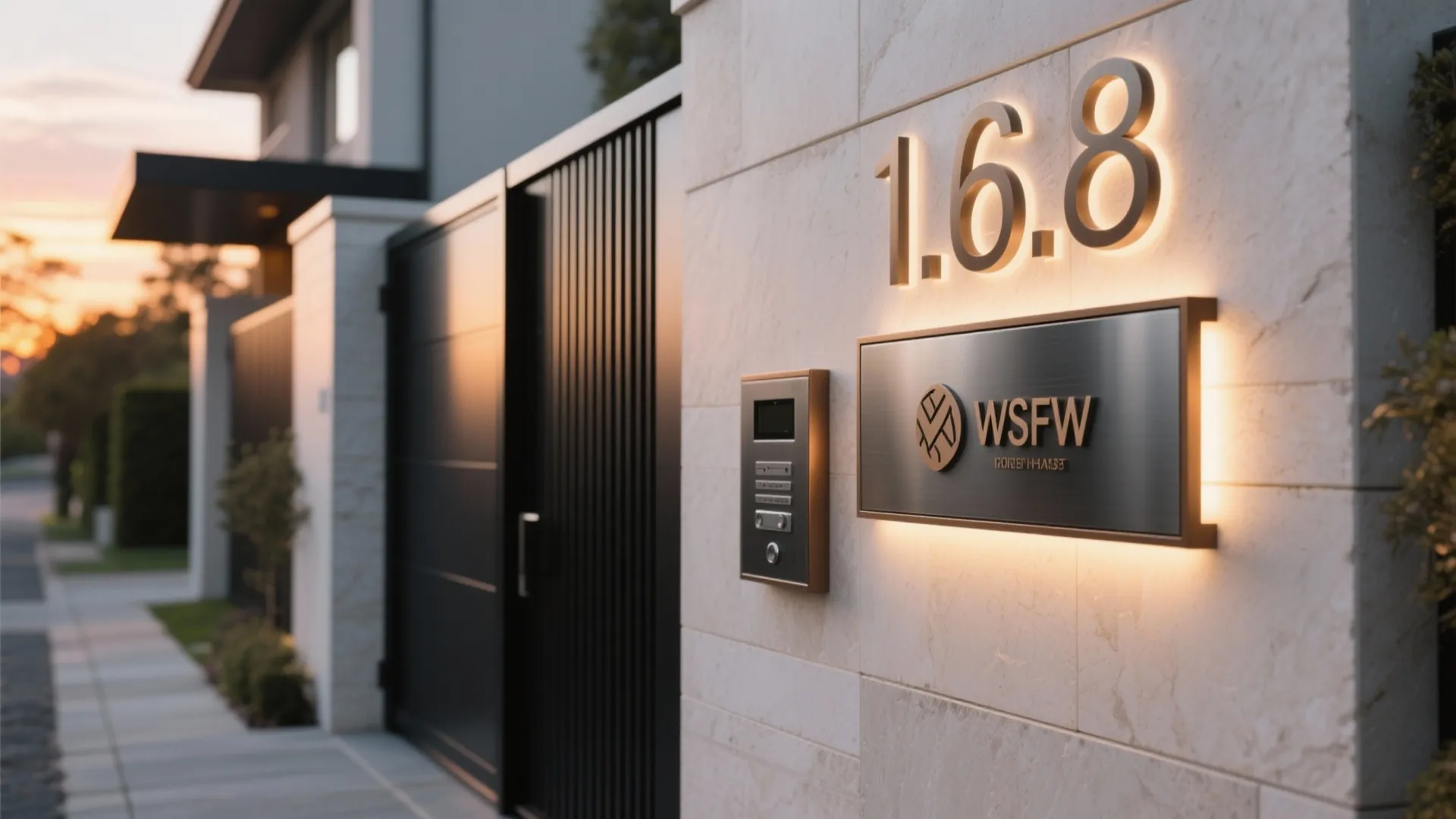 Backlit house number sign on a white stone wall next to a black metal gate