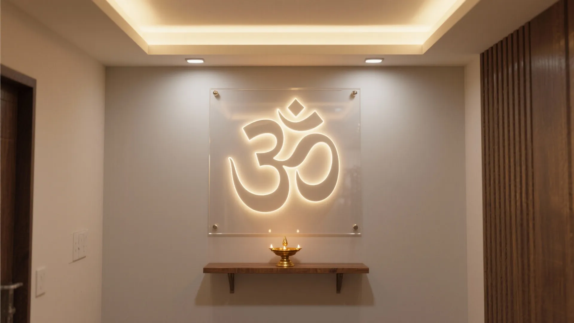 Backlit Om symbol on acrylic panel above small wooden shelf with gold lamp in prayer room