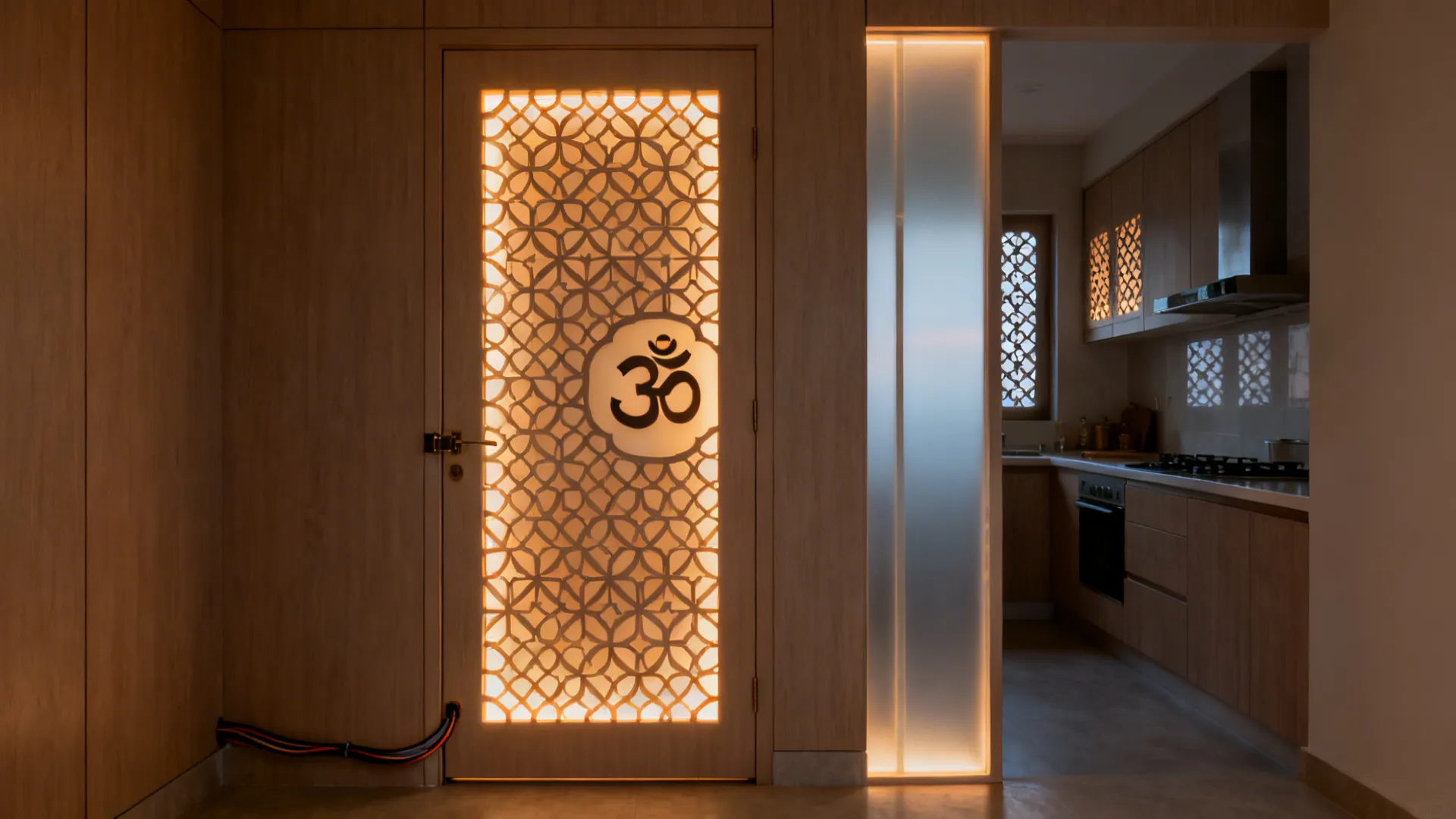 Backlit CNC pooja door with a subtle Om inside a geometric jaali and warm LED glow.