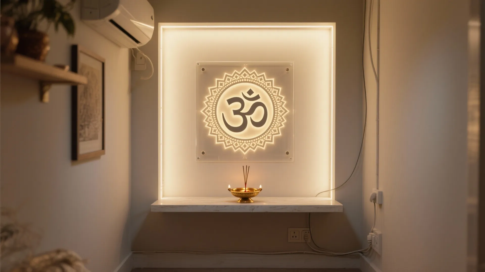 Backlit OM jali with frosted acrylic diffuser casting warm, even light in a small pooja nook.