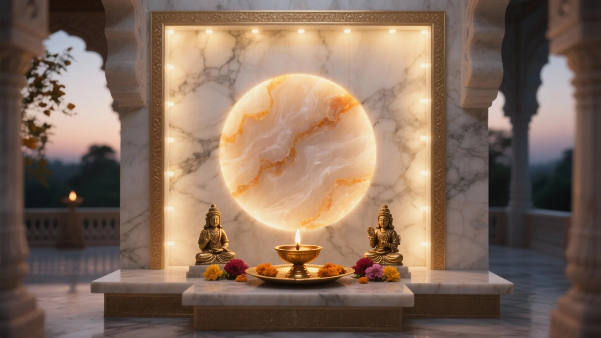 Backlit stone frame: marble niche with onyx halo