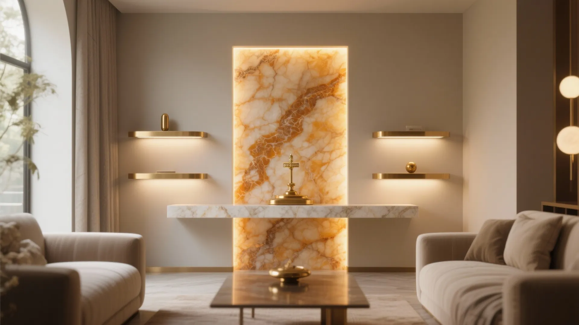 Modern living room featuring a large backlit orange stone wall panel and two beige sofas
