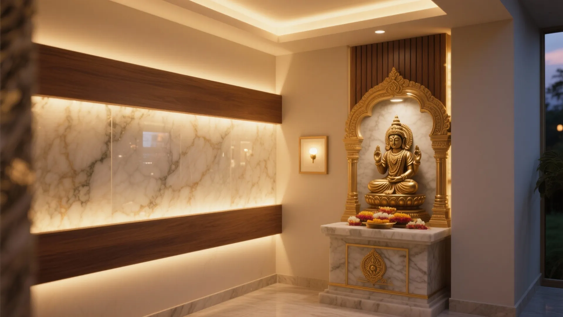 Modern prayer room with golden statue on marble cabinet featuring backlit stone wall and warm lights