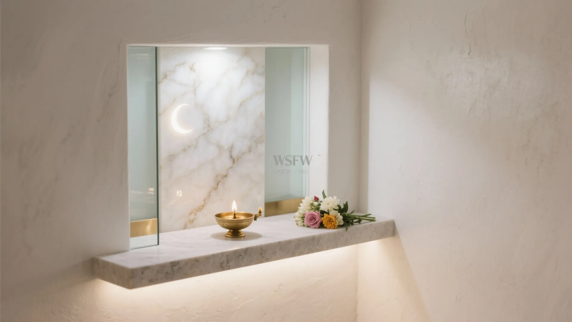 Elegant white marble shelf featuring a small candle bowl and flowers with hidden warm lighting