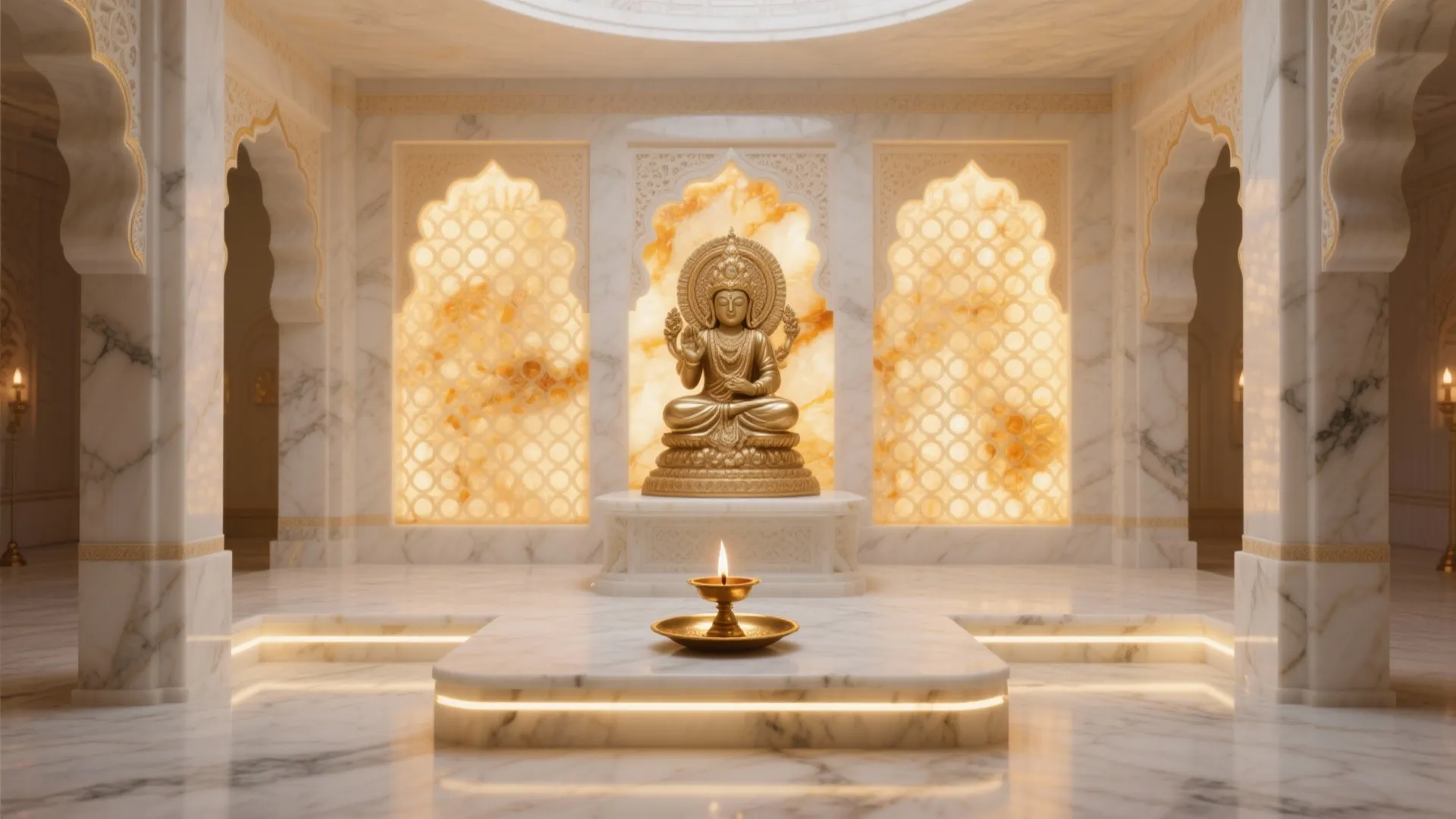 Elegant prayer room with white marble pillars golden statue backlit wall panels and marble floor