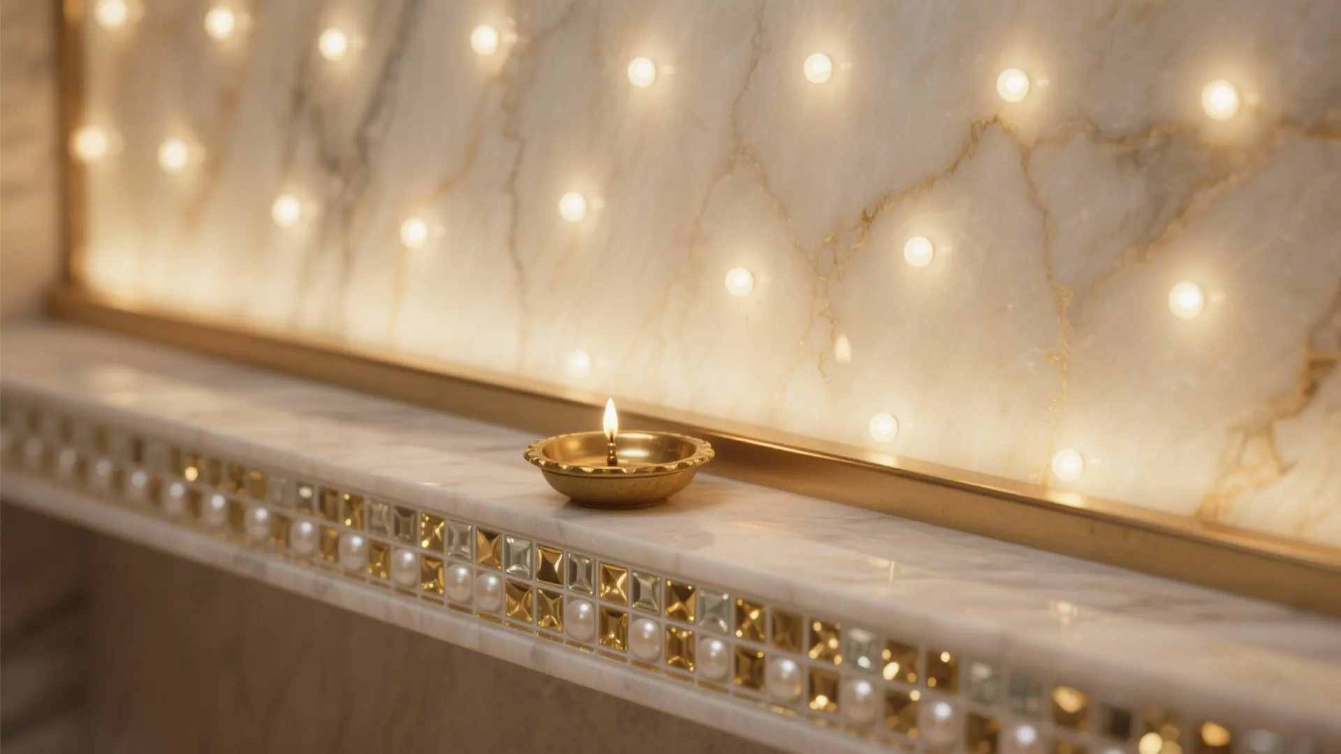 Small brass oil lamp sitting on marble shelf with pearl trim and backlit wall lights