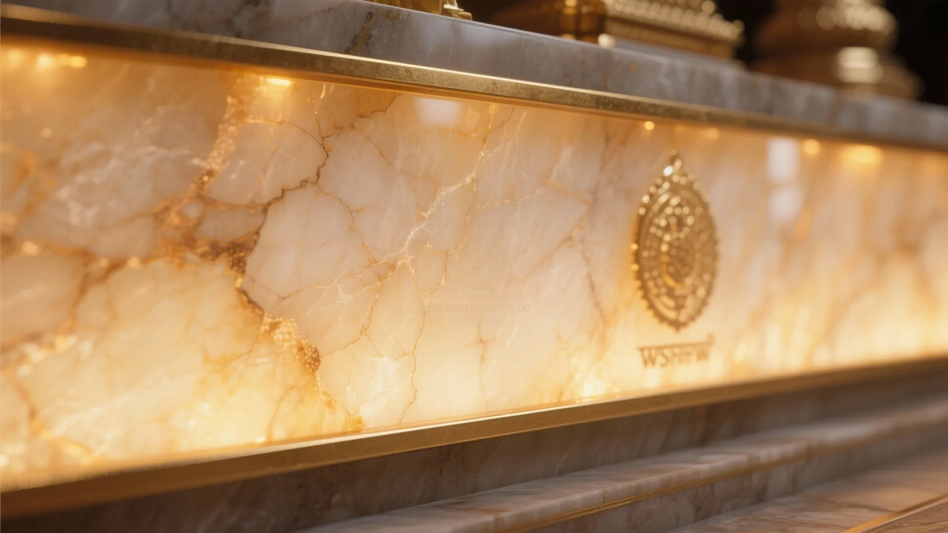 Close up of backlit marble wall panel with gold logo in a luxury home interior design