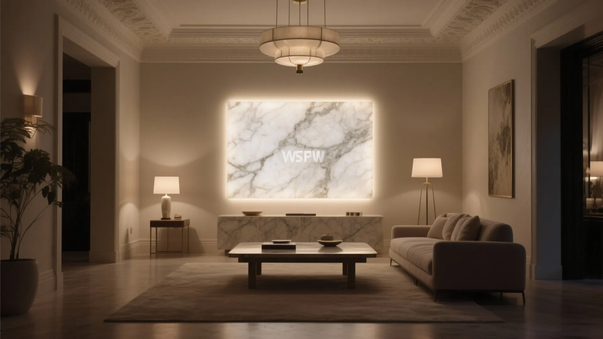 Hall with a rectangular backlit onyx ceiling inset above the coffee table, glowing softly for ambient light.