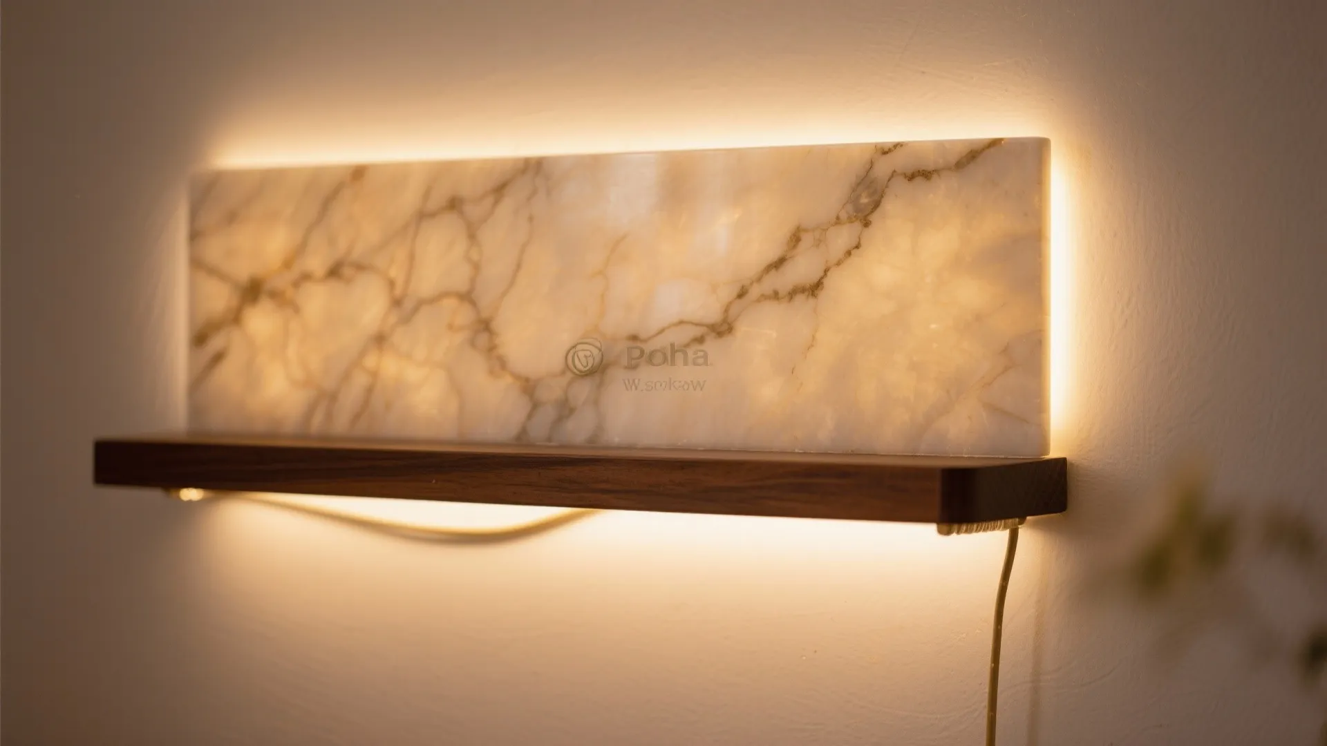 Backlit white marble wall panel mounted above a dark wood shelf for soft warm home lighting