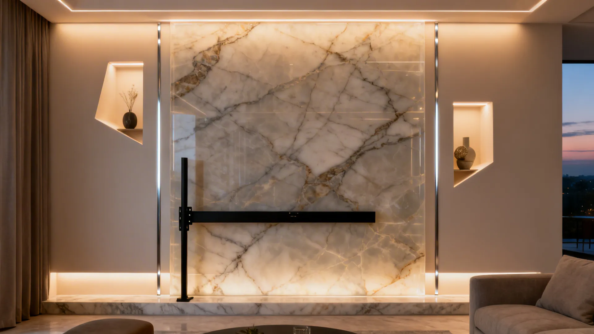 Backlit onyx wall panel with minimal asymmetrical niches and a slim TV mount.