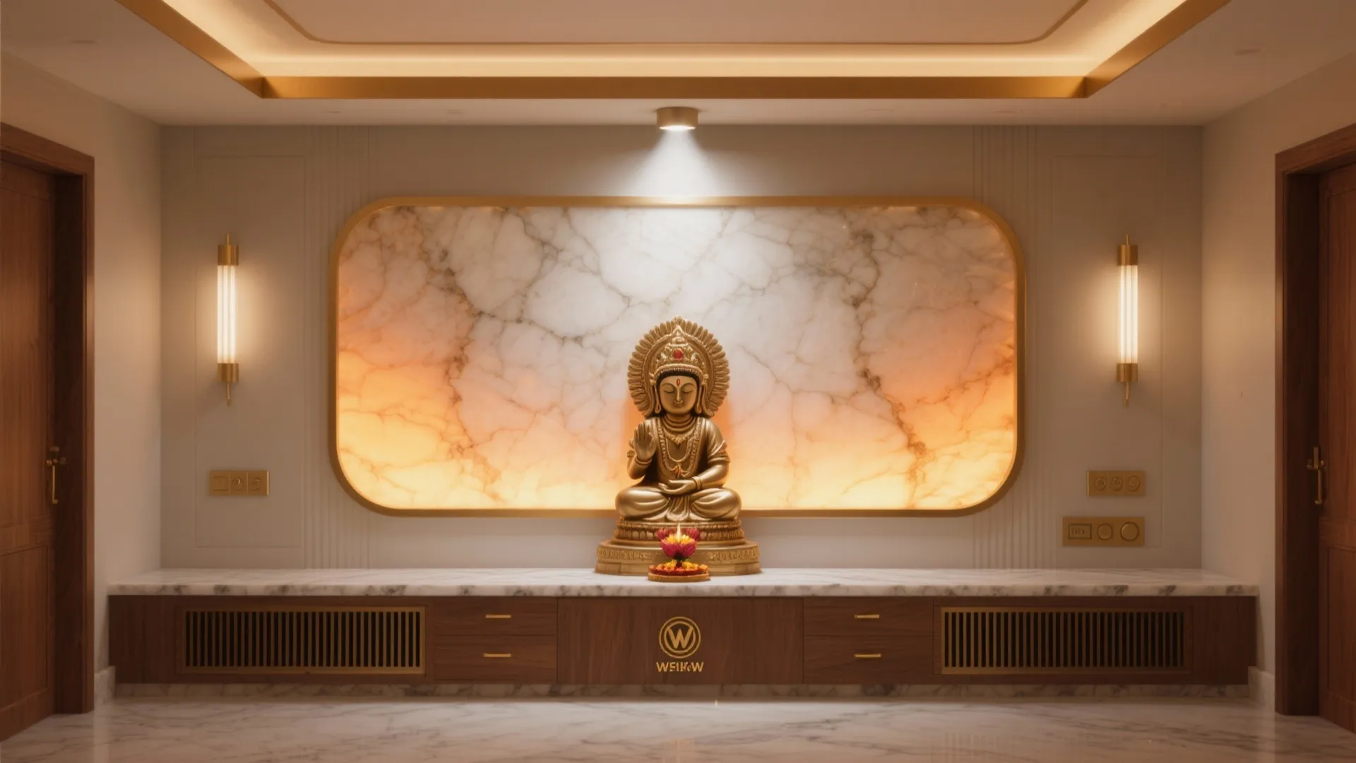 Golden statue sitting on marble cabinet with backlit stone wall panel and symmetrical wall lights