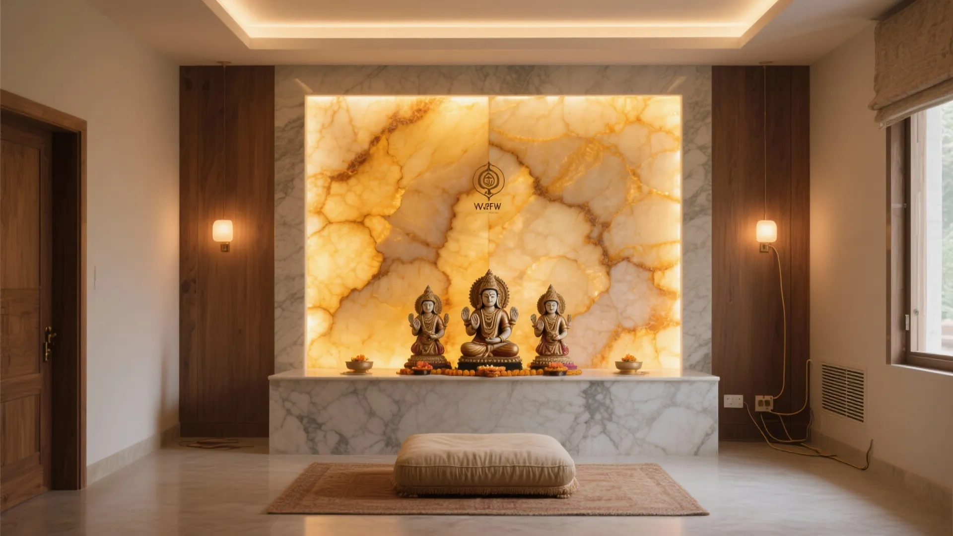 Backlit honey onyx panel behind a marble pooja setup with low floor seating in warm tones.
