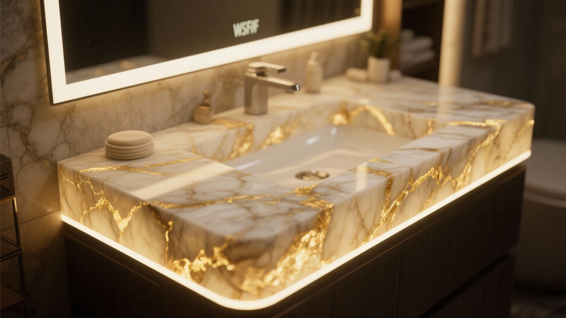Modern marble sink with golden light details and a glowing mirror in a luxury bathroom