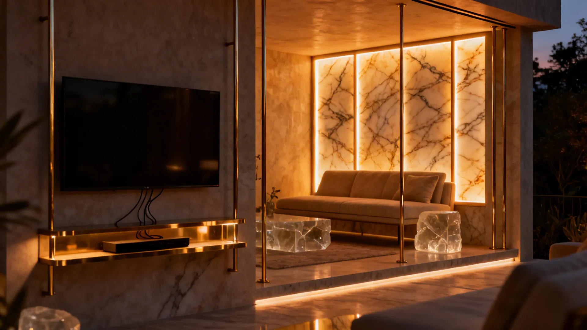 Small living room with warm backlit onyx panels creating a jewel-like focal wall behind seating.