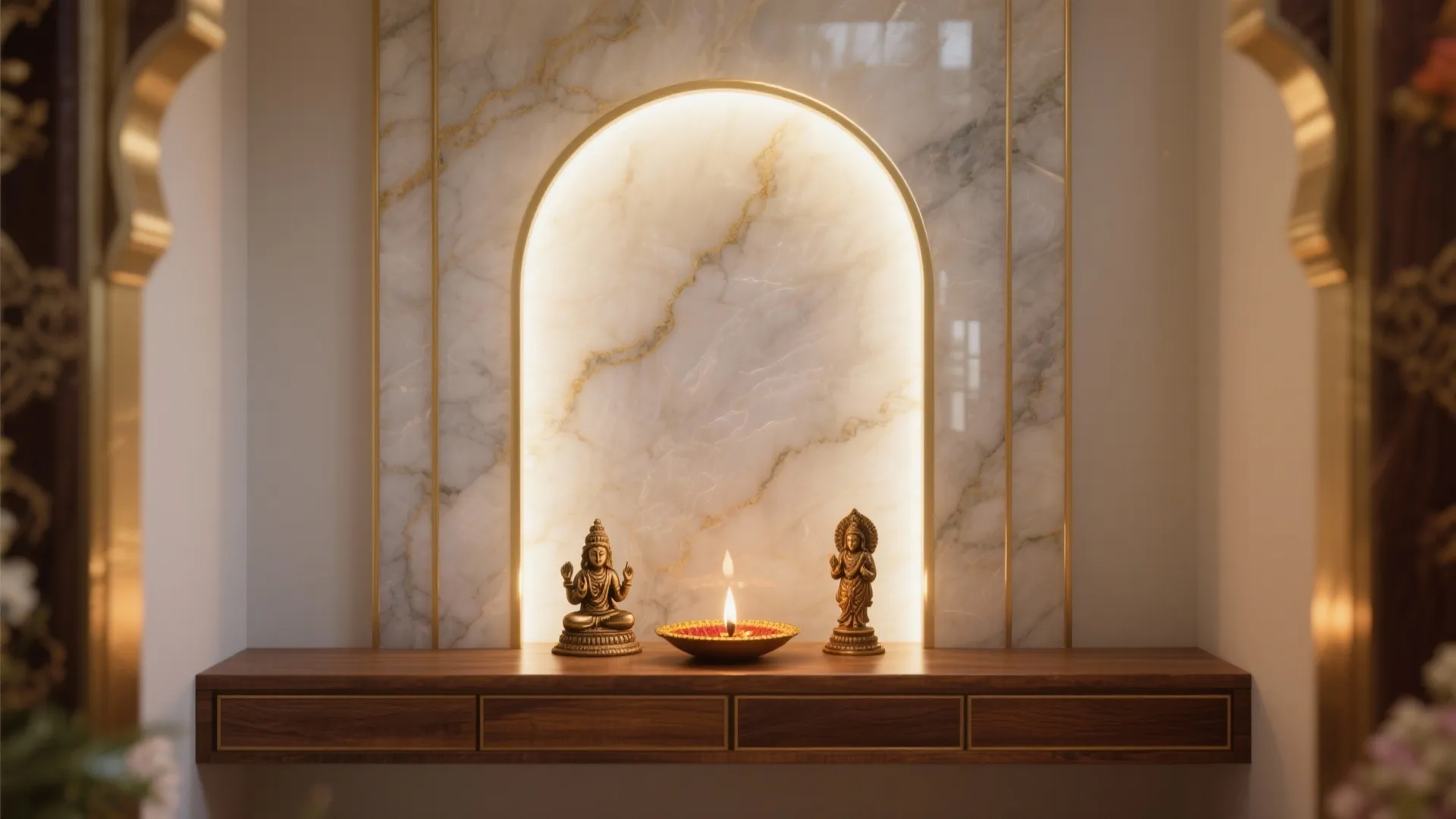 Backlit Stone Panel as the Deity Wall (Onyx/Marble + Brass)