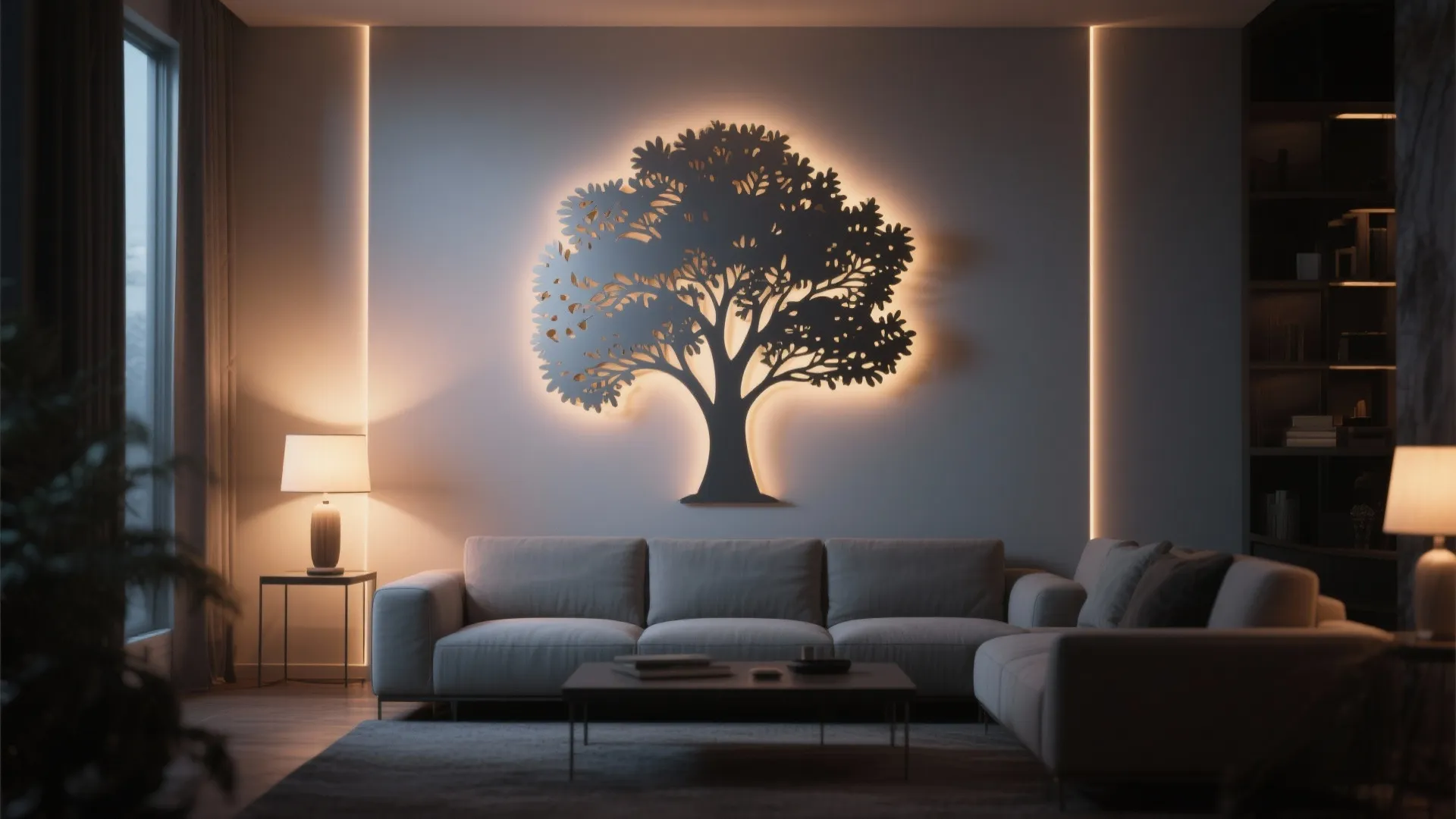 Modern living room with grey sofa and backlit tree wall art featuring warm soft lighting