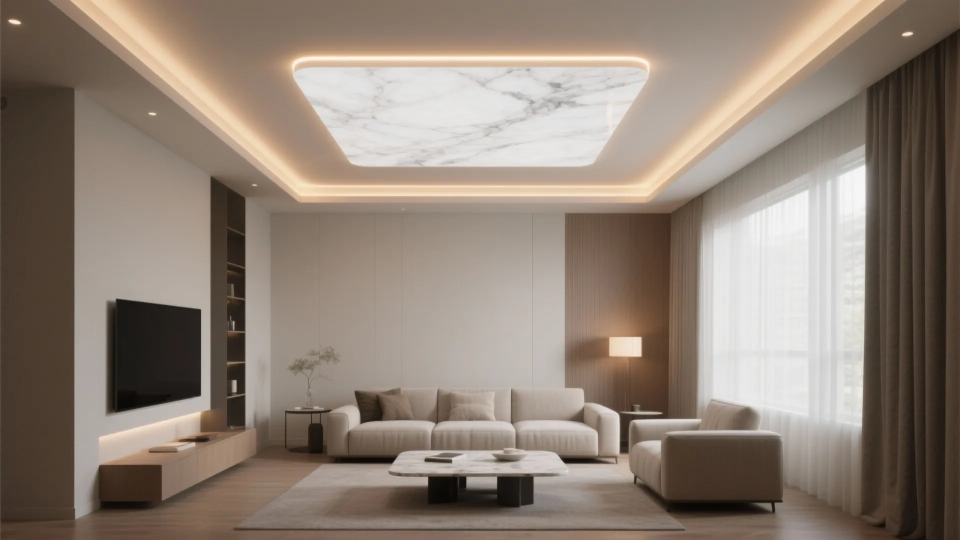 Minimalist living room with a large marble ceiling light panel over a white sofa set