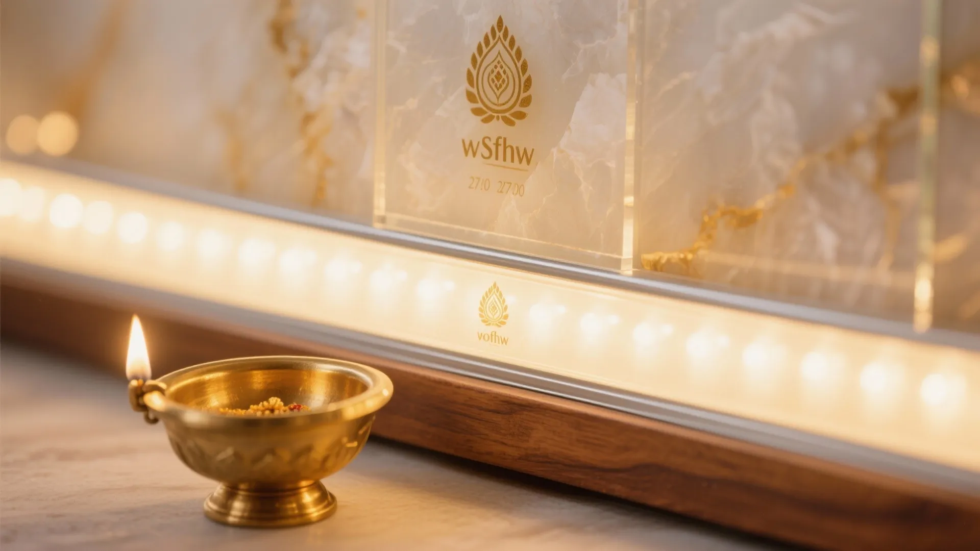 Macro of backlit frosted panel with 2700K LED in a diffuser channel, soft glow on brass diya and teak with evenly diffused light.