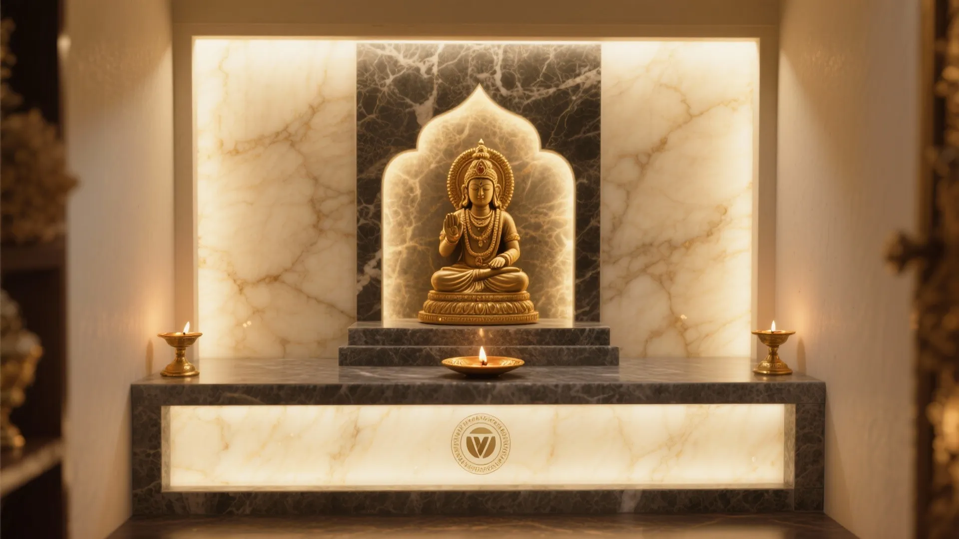 Gold statue in a backlit marble wall niche with two small lamps on a shelf