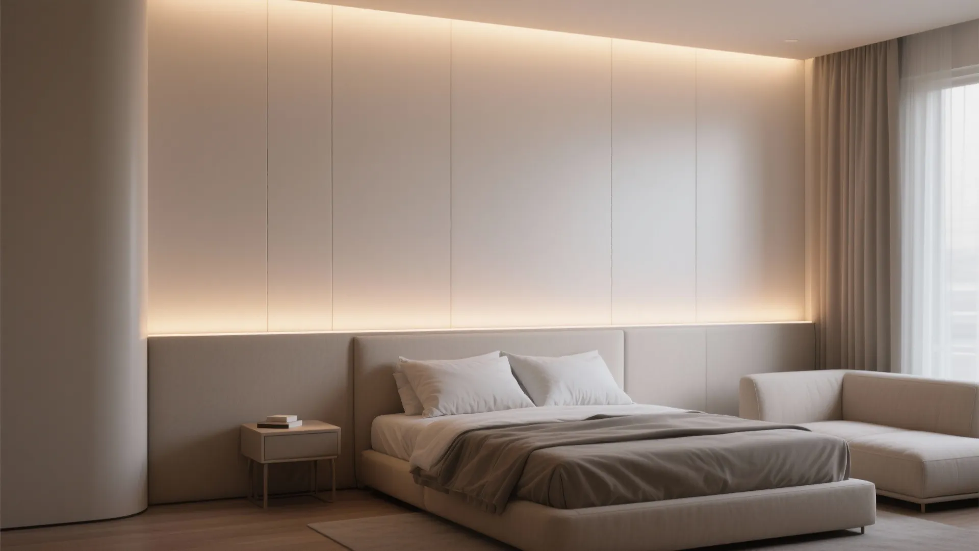 Modern bedroom with warm wall panel light behind bed beside small nightstand and cream sofa