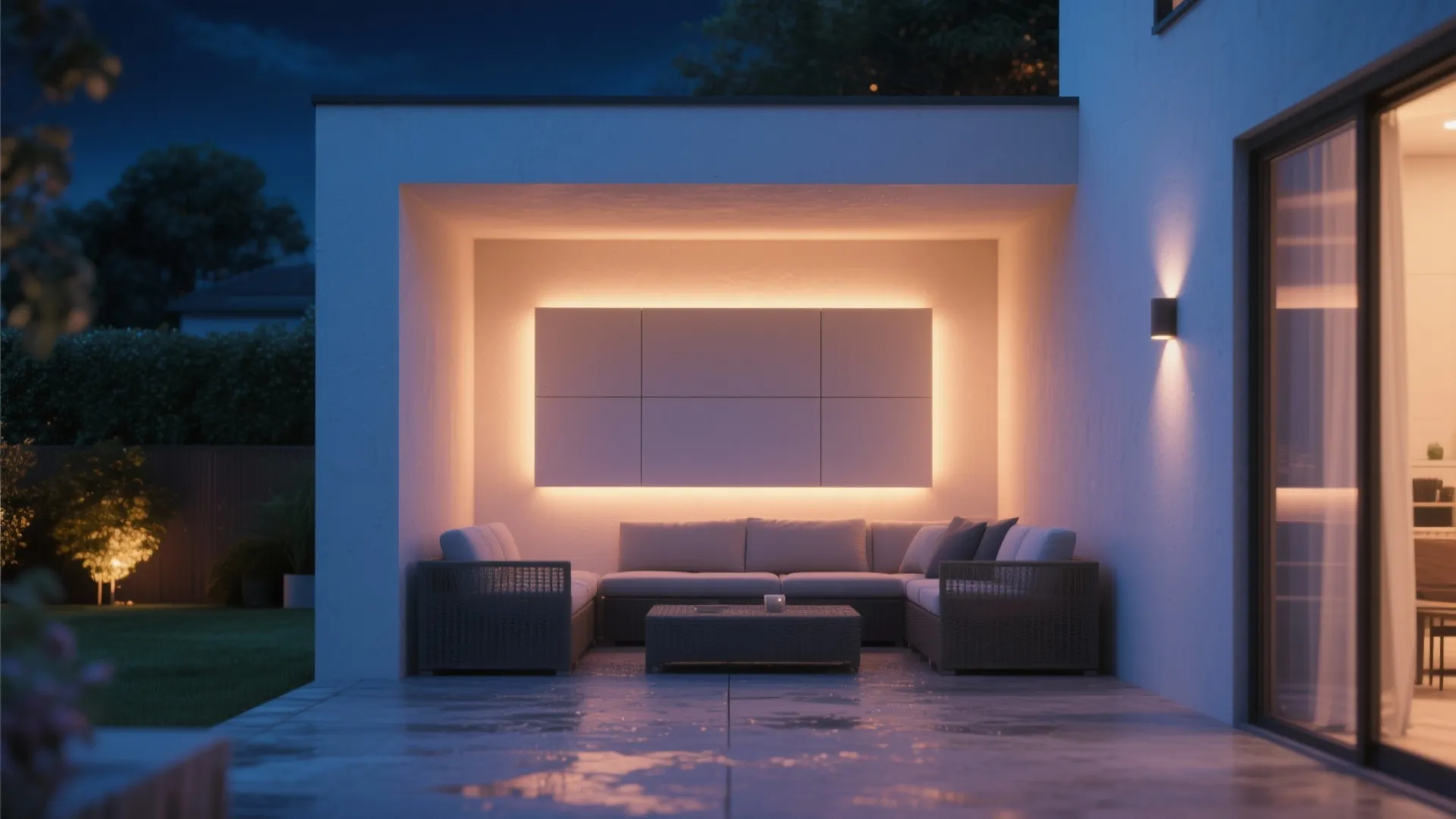 Modern outdoor patio with grey sofa and large warm backlit wall panel at nighttime setting