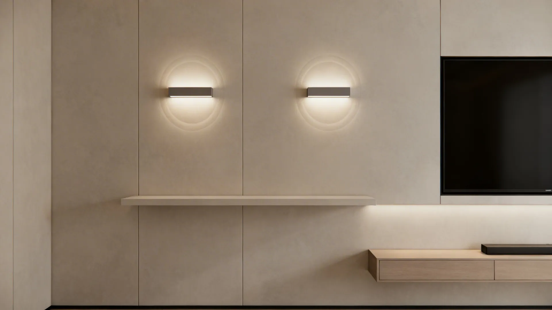 Minimalist wall with backlit LED panel sconces producing a halo effect above a floating shelf