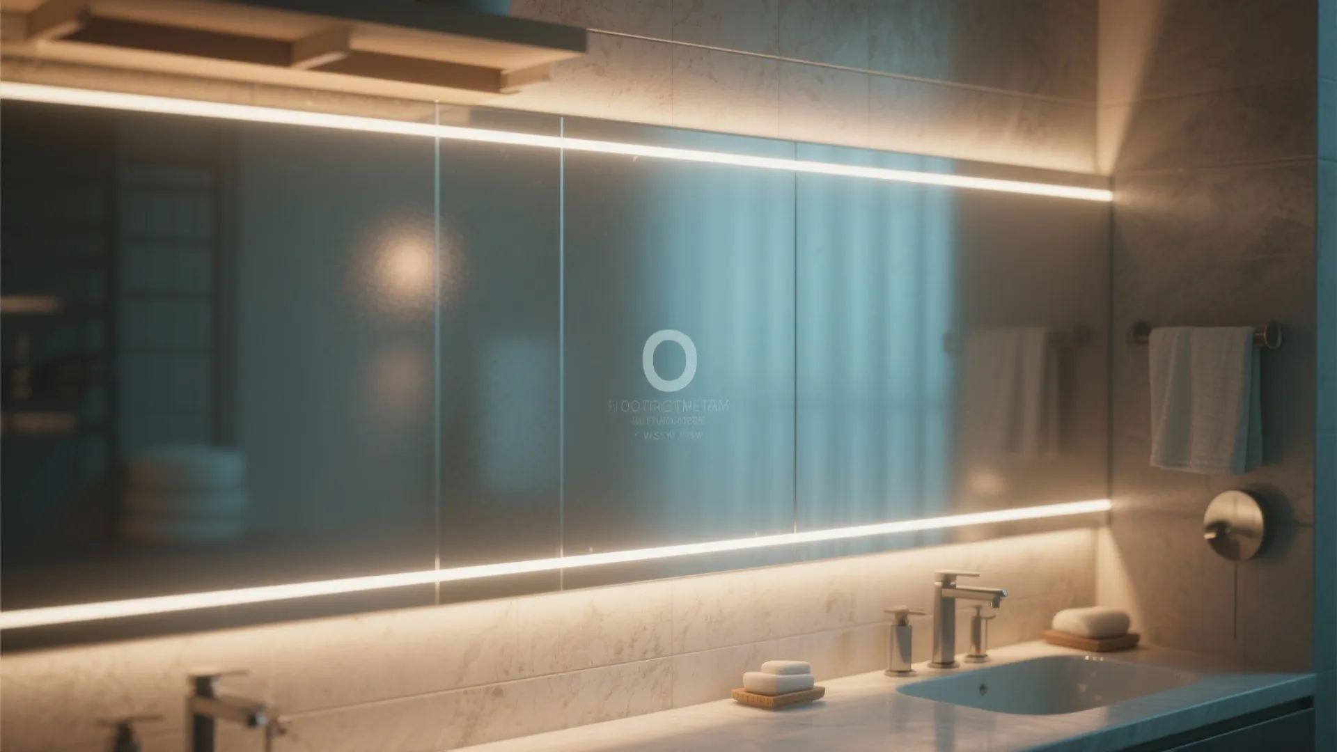 Close up view of a large bathroom mirror with horizontal light strips above white counter
