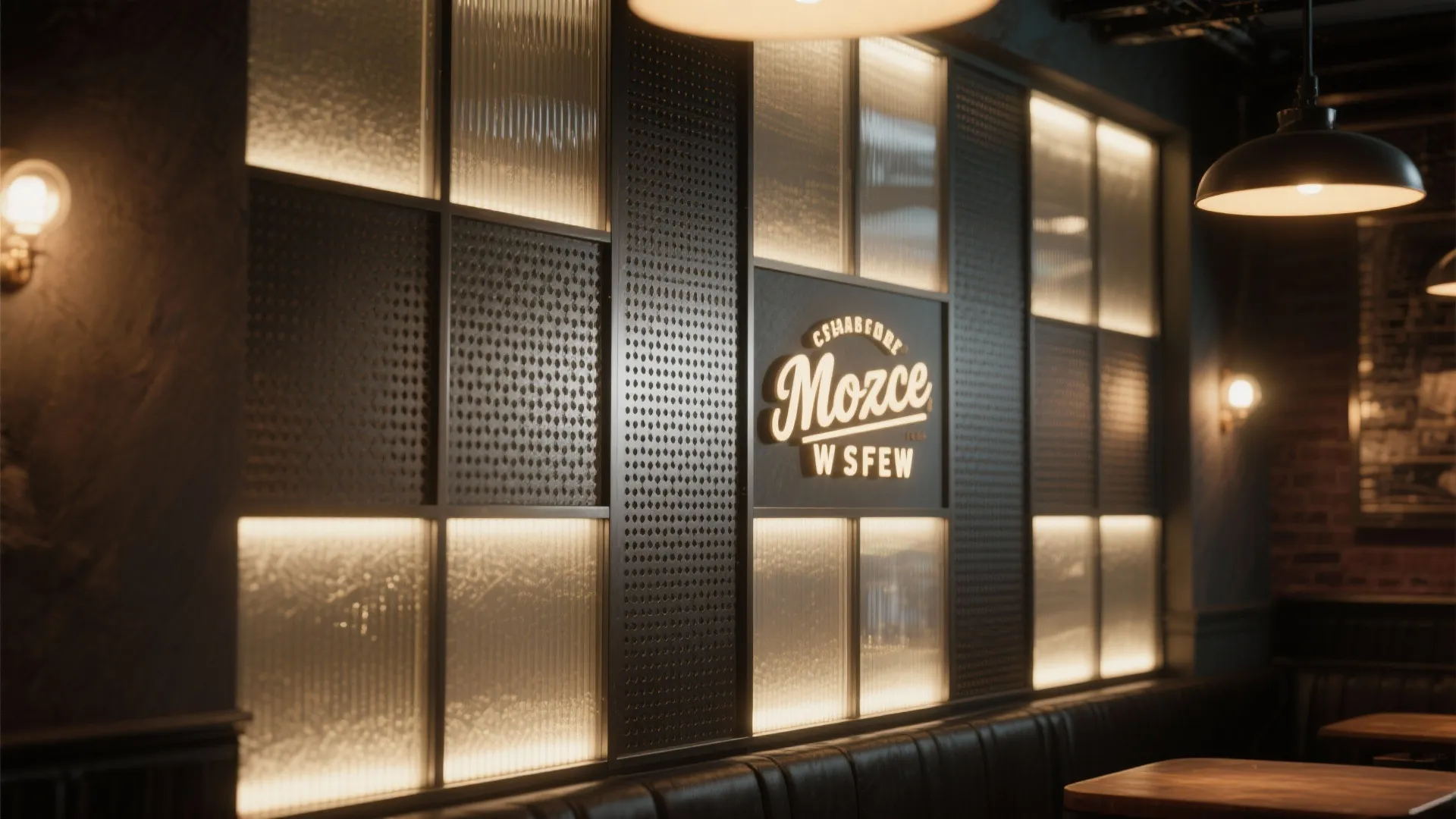 Interior wall design featuring textured glass panels black metal frames and warm backlight wall lights