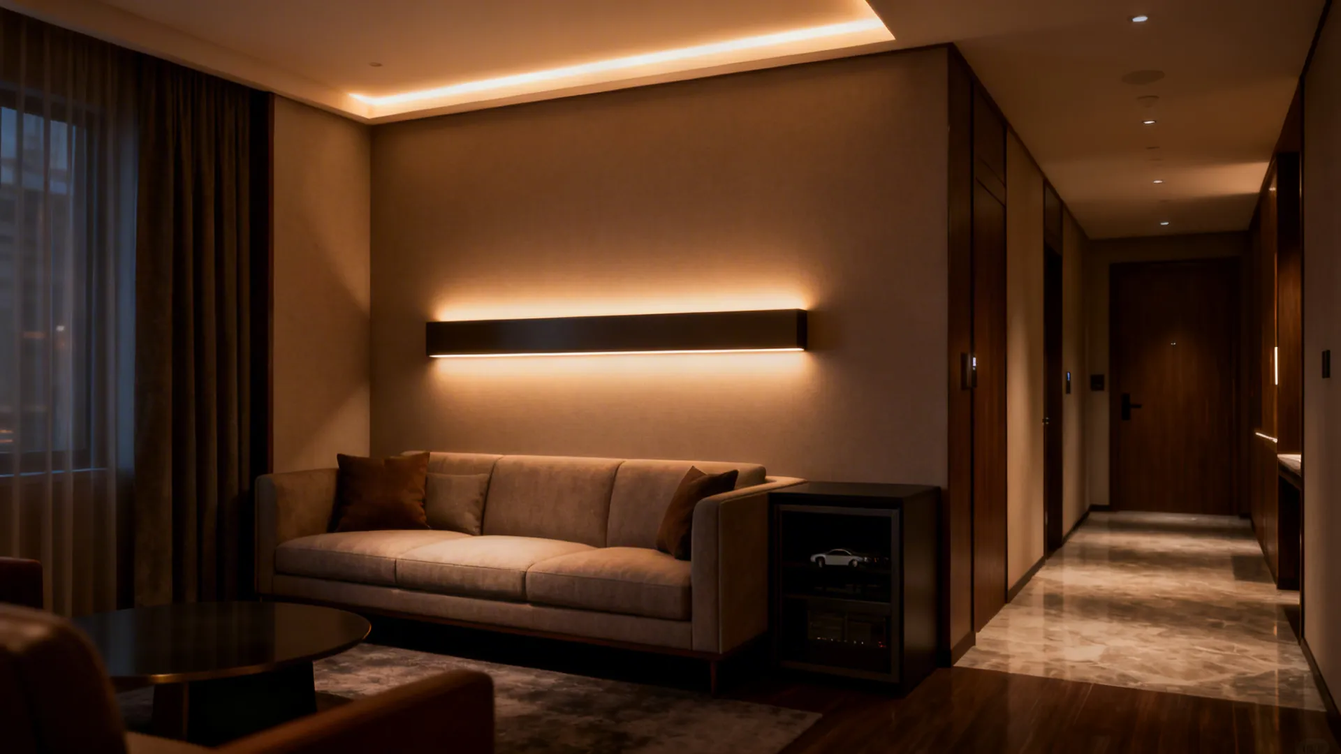 Backlit wall panel paired with a soft cove light above a sofa creating an immersive ambient glow.