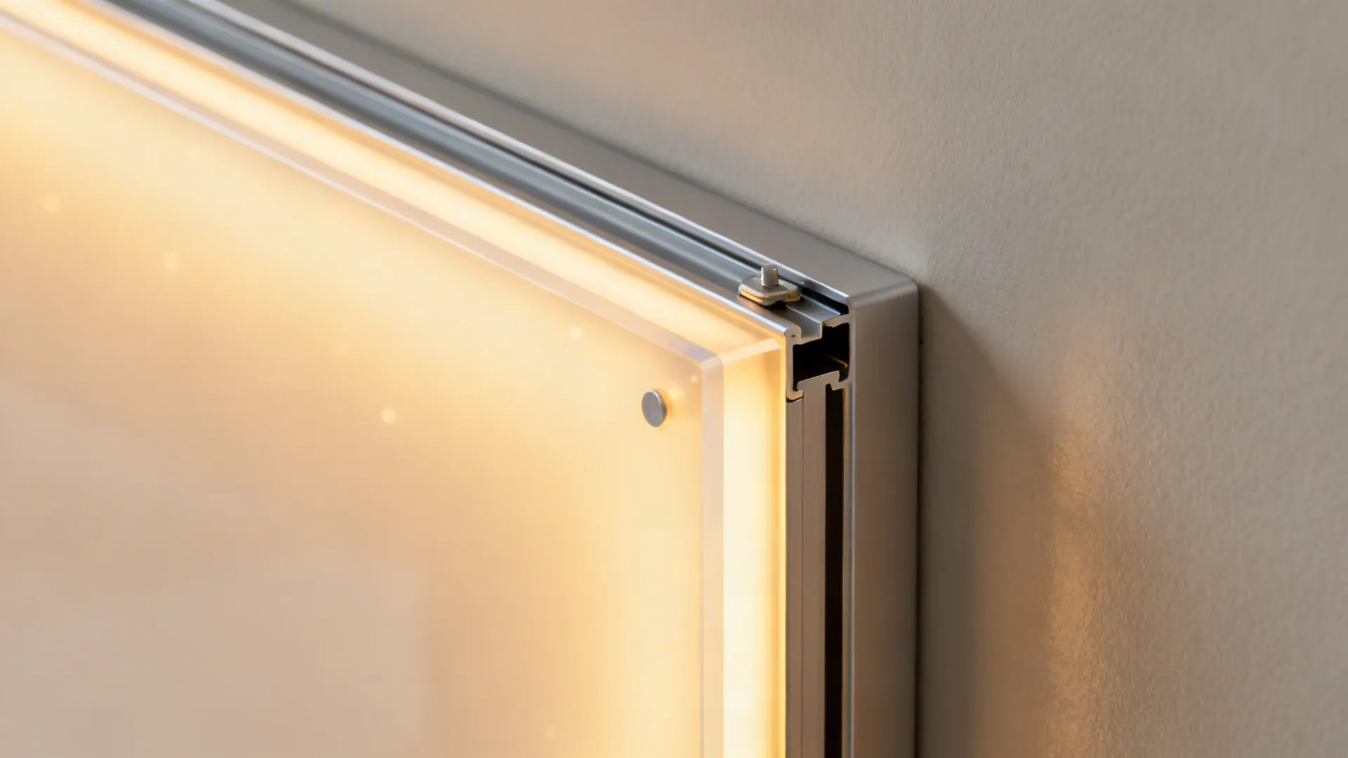 Macro of acrylic backlit panel with opal diffuser in an aluminum channel for even glow.