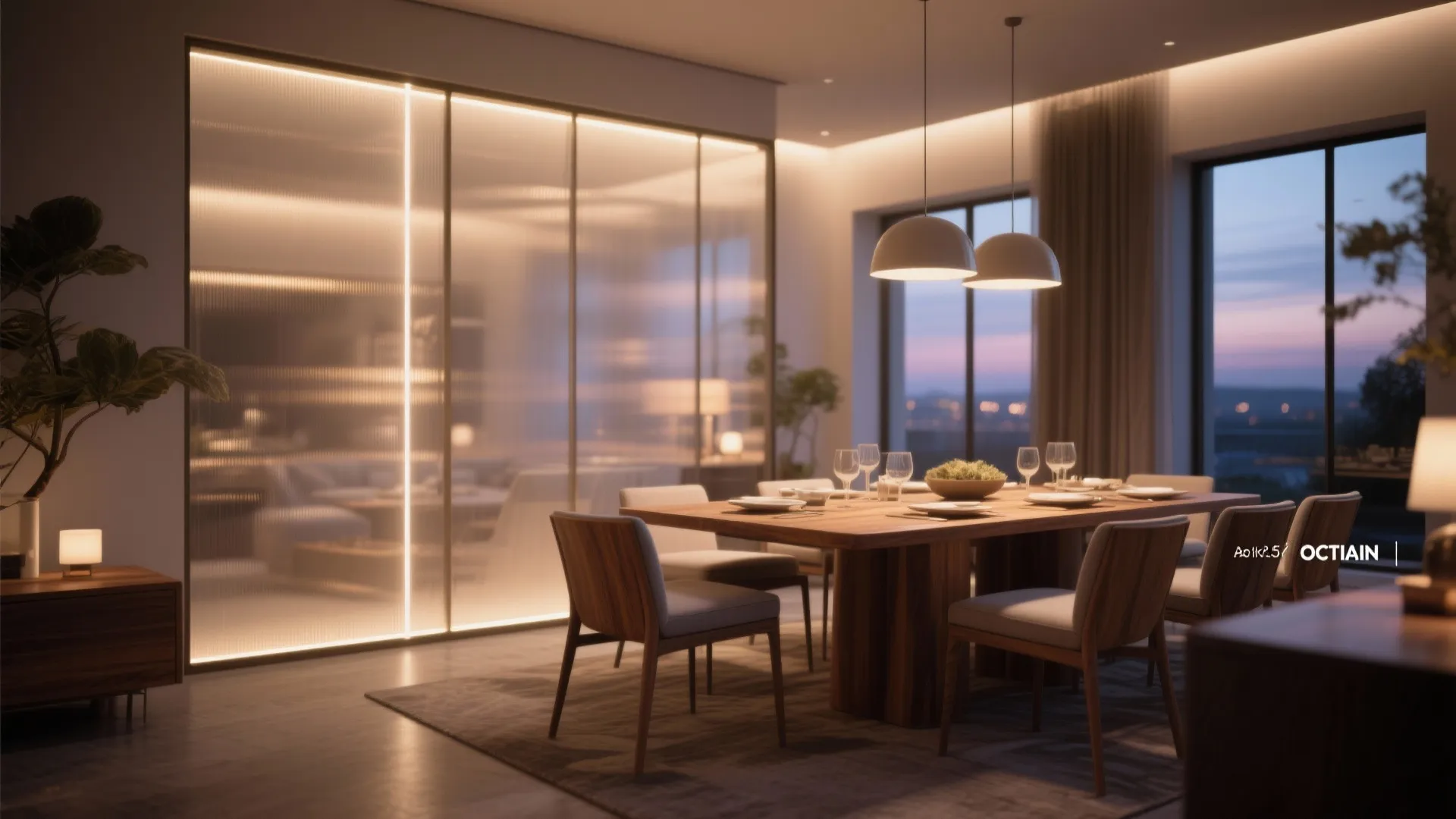 Modern dining room with wooden table four chairs ceiling lights and frosted glass wall panel design